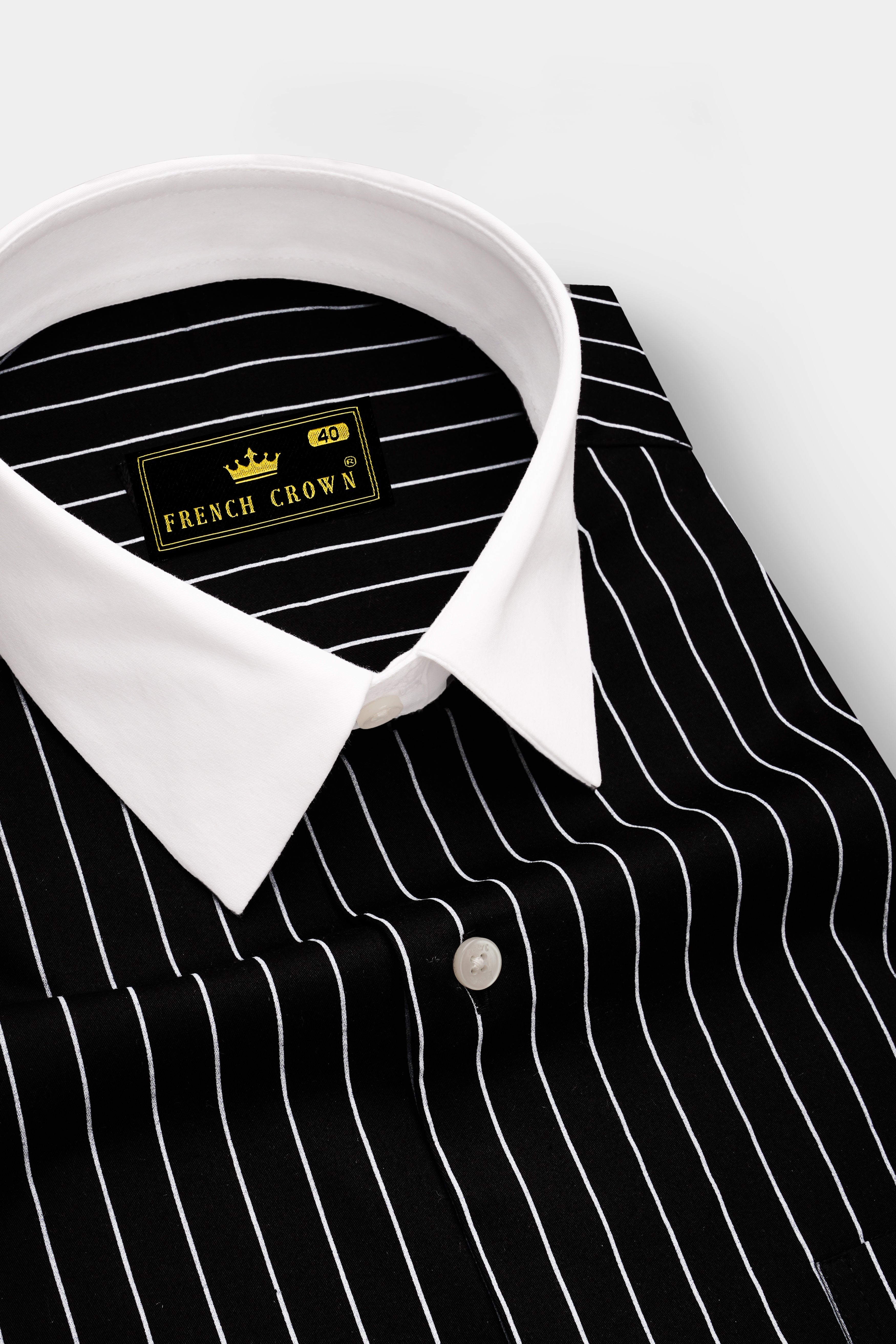 Regalux-Jade Black And Bright White Pin Striped Super Soft Premium Cotton Dress White Cuff Collar Shirt
