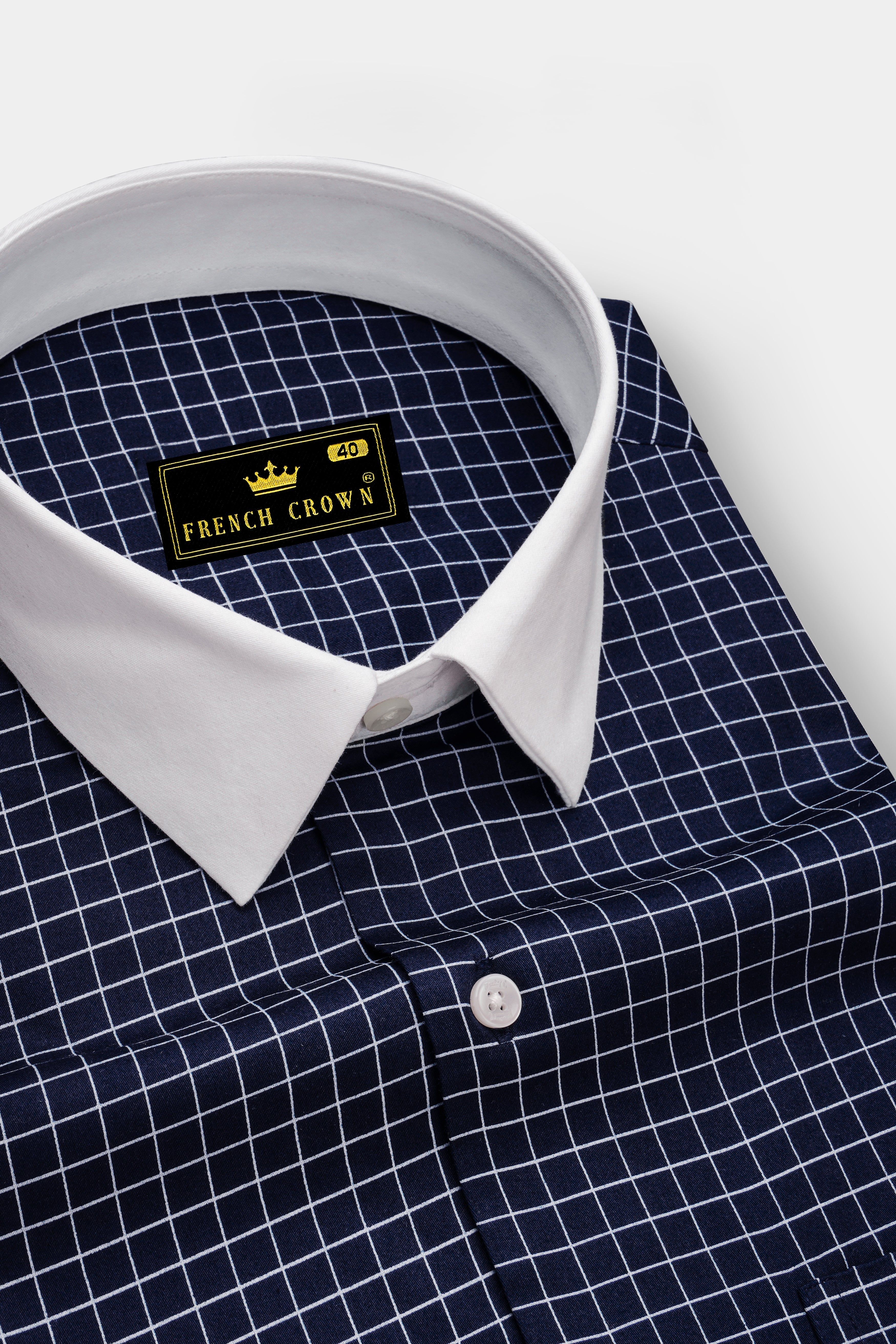 Drift-Cinder Blue And Bright White Plaid Subtle Sheen Super Soft Premium Cotton Dress White Cuff Collar Shirt