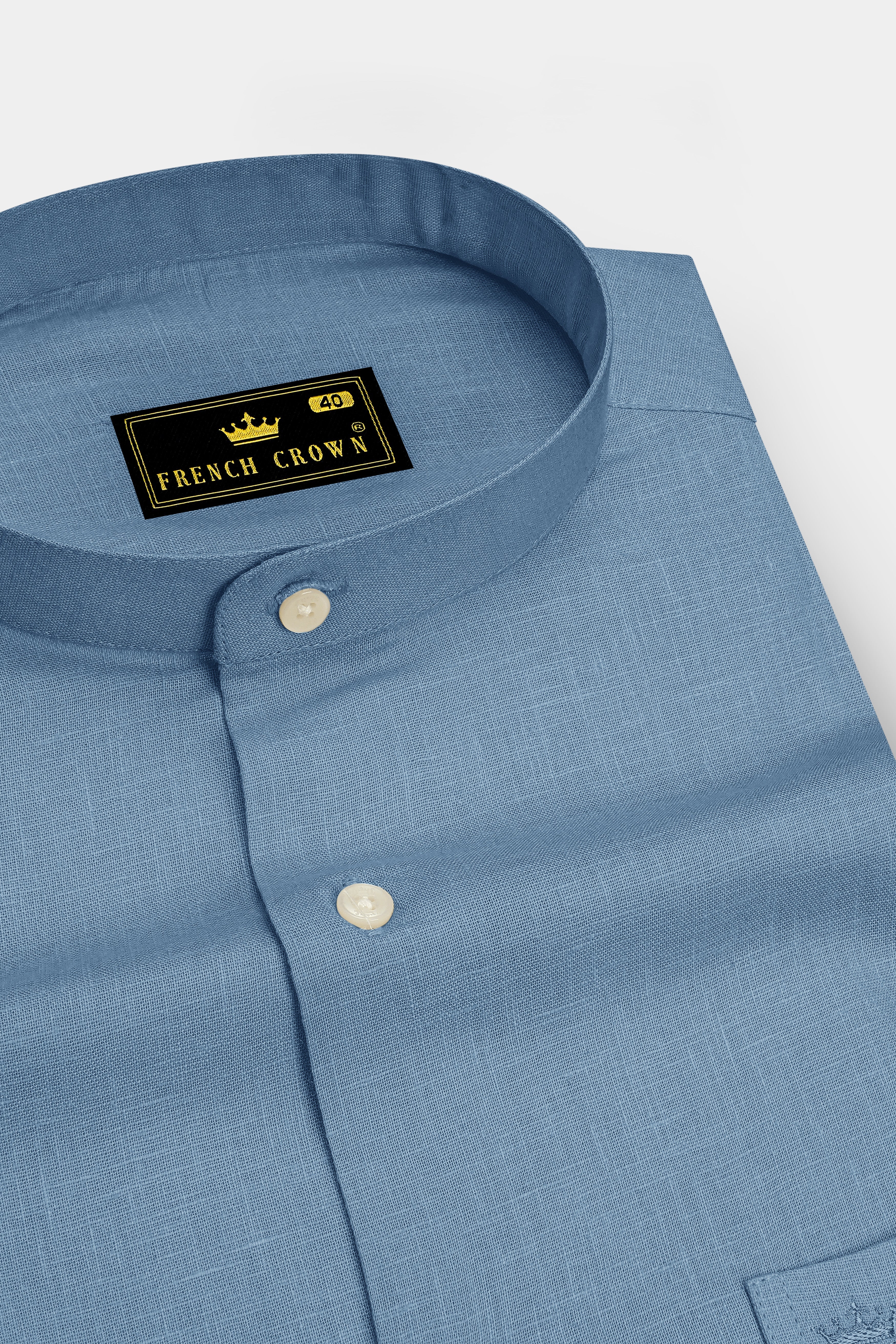 Azure-Lynch Blue Luxurious Linen Mandarin Dress Shirt