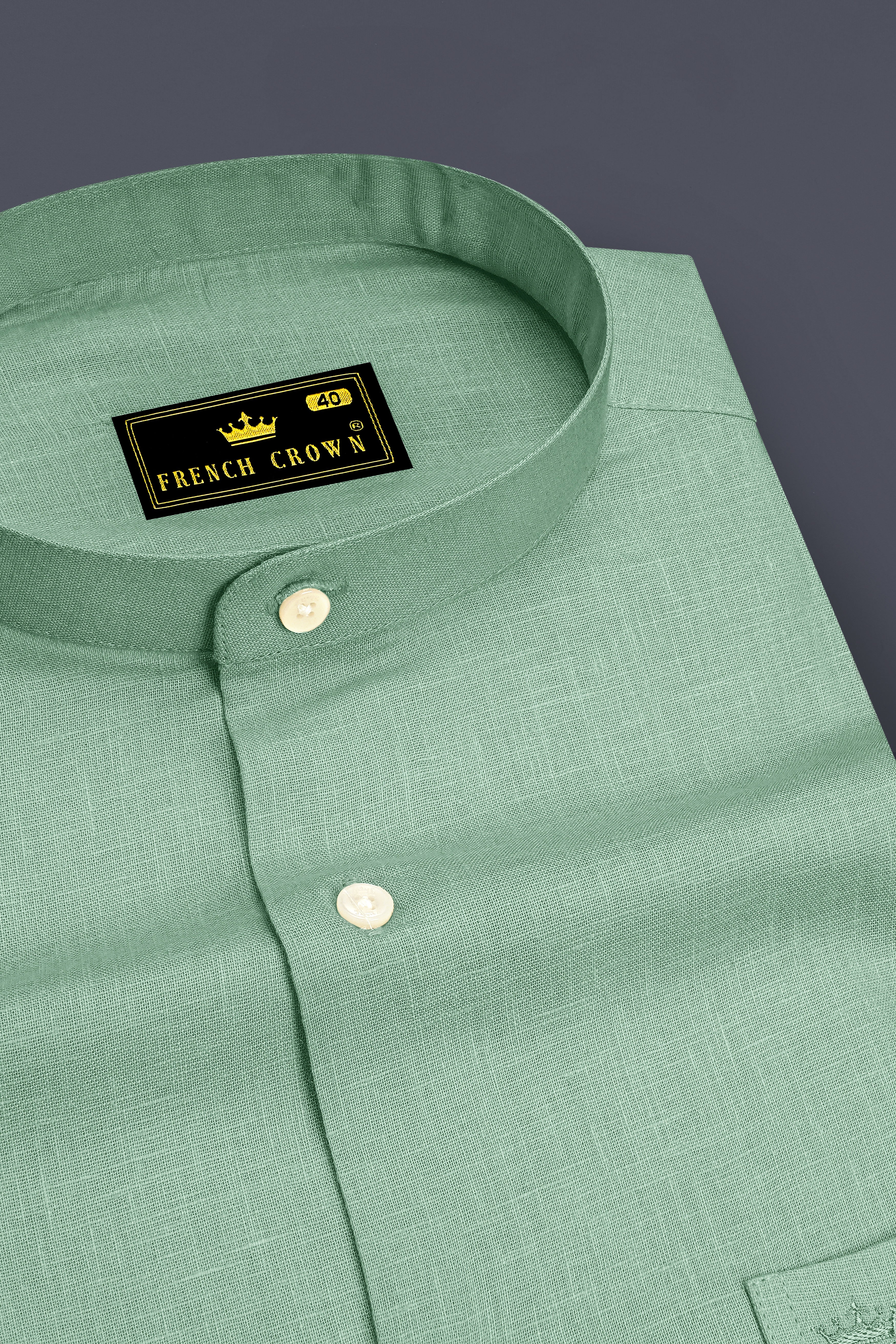 Verdant-Mantle Green Luxurious Linen Mandarin Dress Shirt