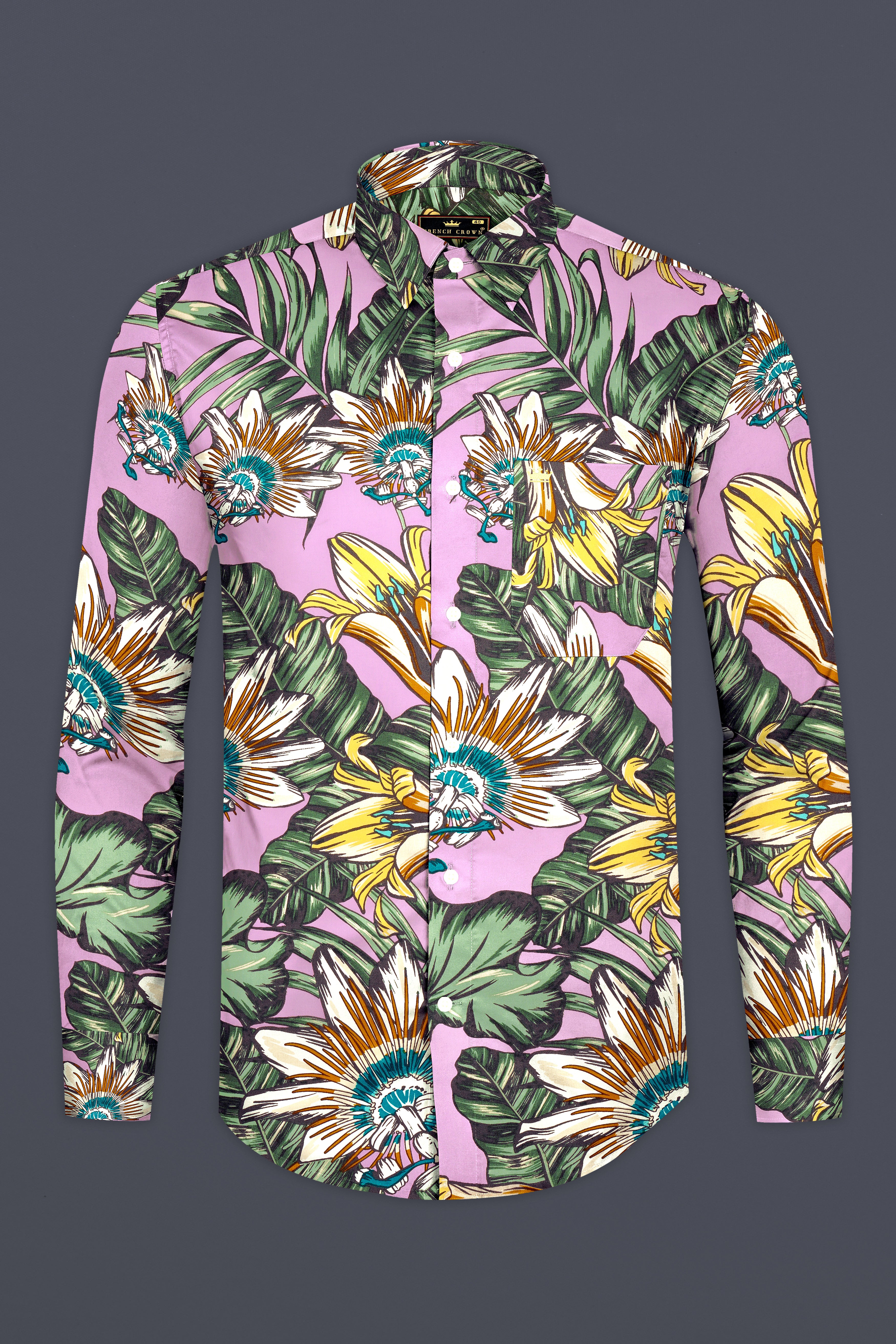 Florique-Melanie Pink And Lichen Green Tropical Floral Printed Super Soft Premium Cotton Casual Shirt