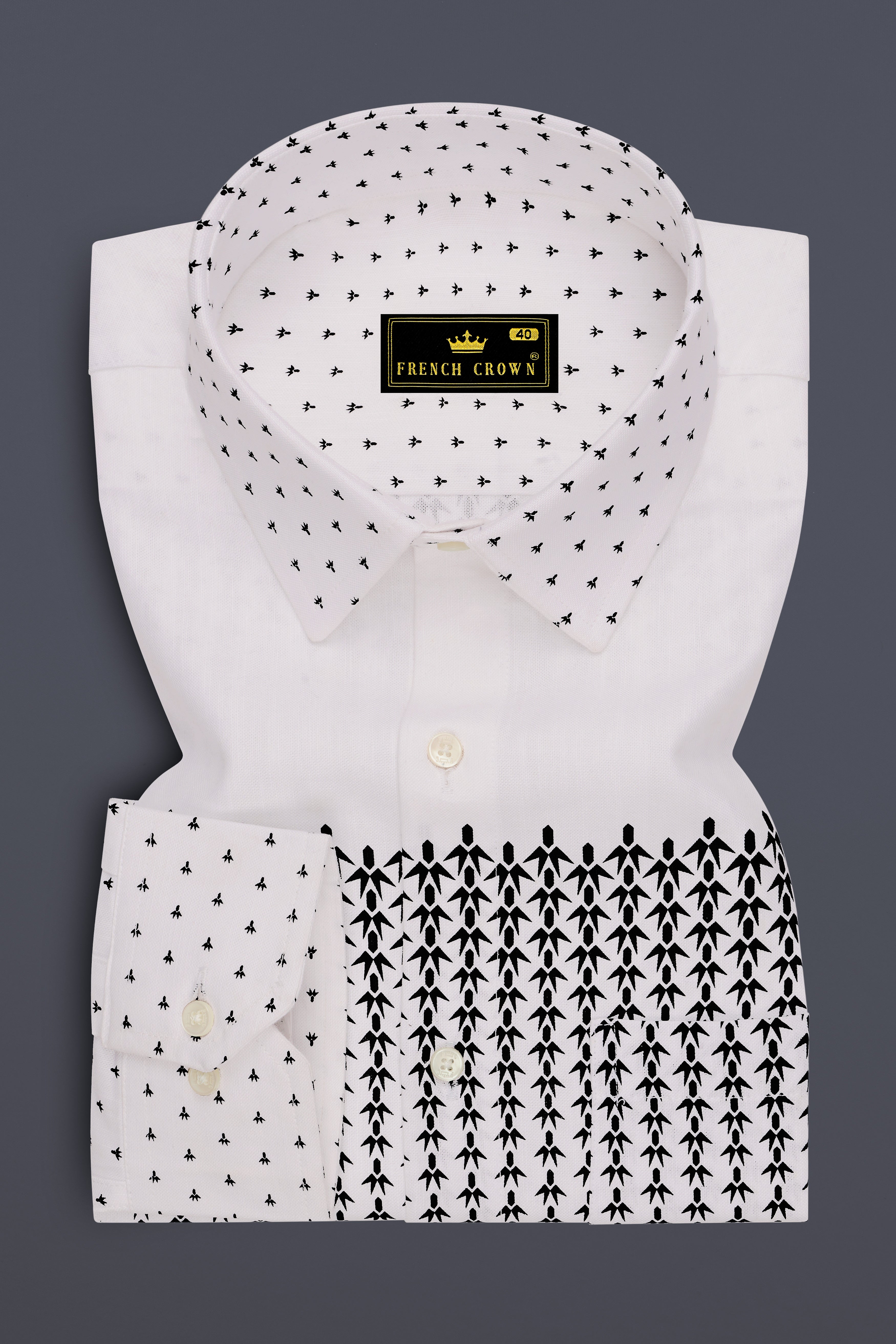Alba-Bright White And Jade Black Minimal Motif Printed Luxurious Linen Casual Shirt