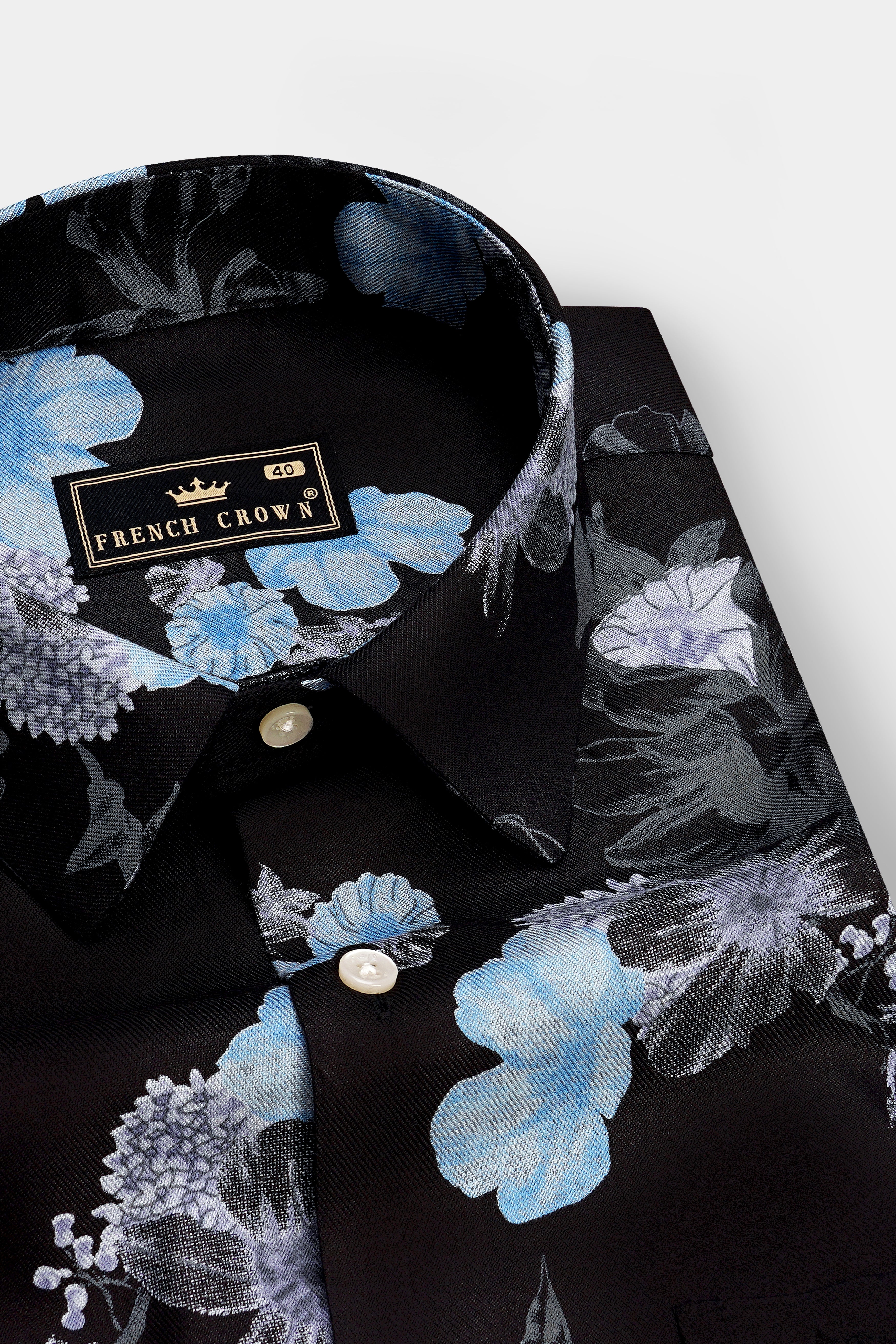 Obsidian-Jade Black And Fountain Blue Botanical Floral Printed Super Soft Tencel Casual Shirts