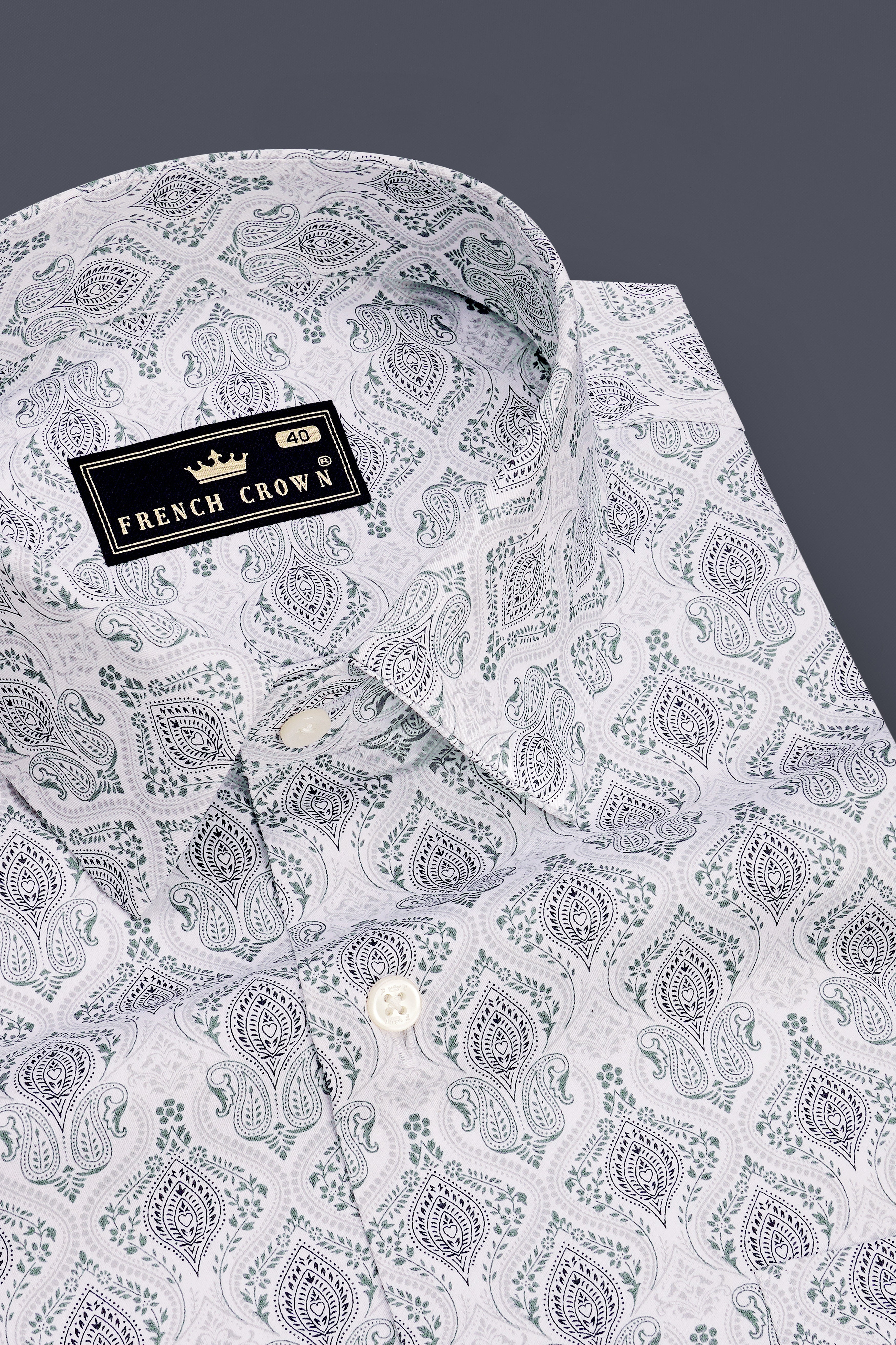 Verdant-Bright White And Raven Green Paisley Printed Subtle Sheen Super Soft Premium Cotton Dress Shirt