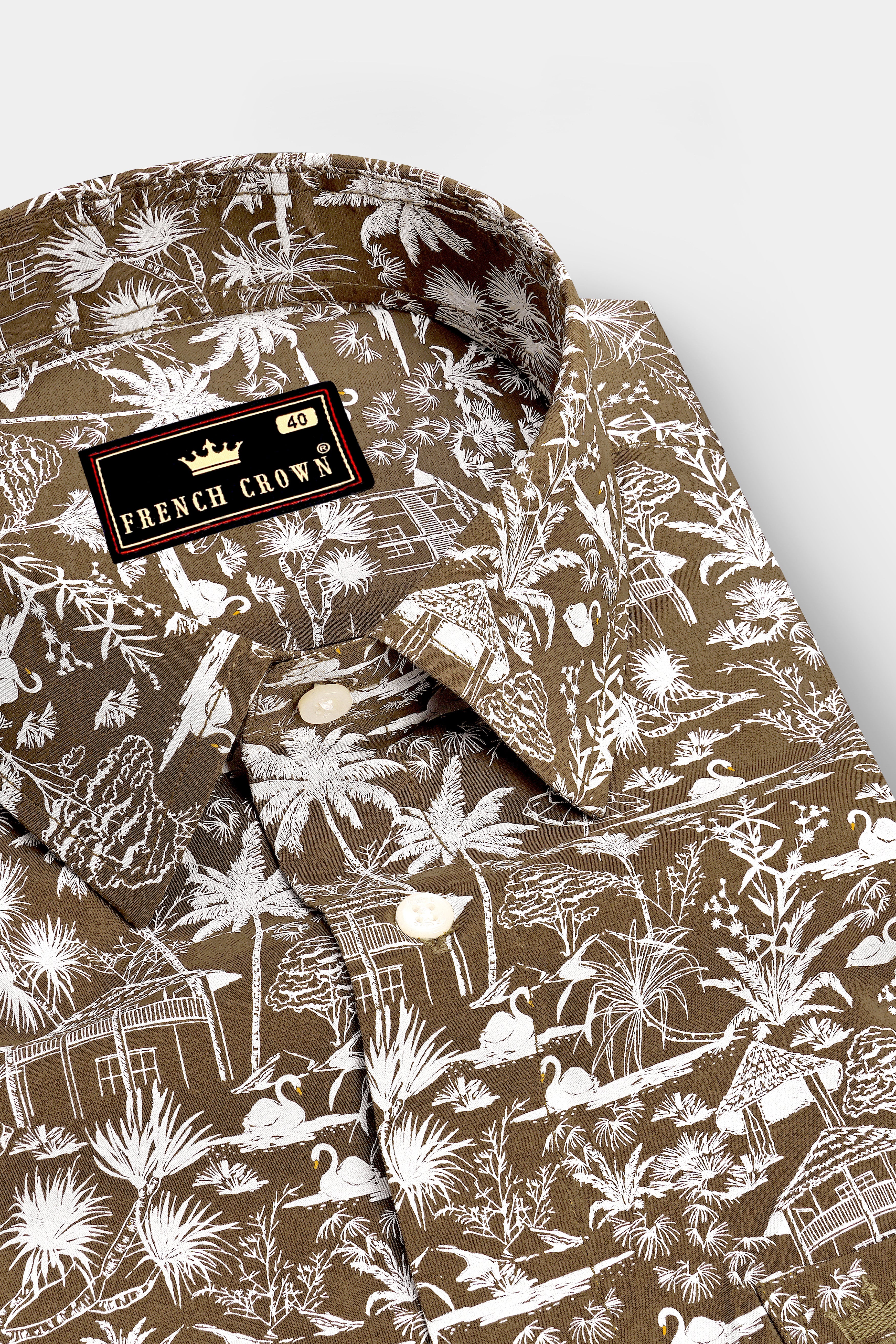 Sienna-Saddle Brown And Bright White Tropical Toile Printed Chambray Premium Cotton Casual Shirt