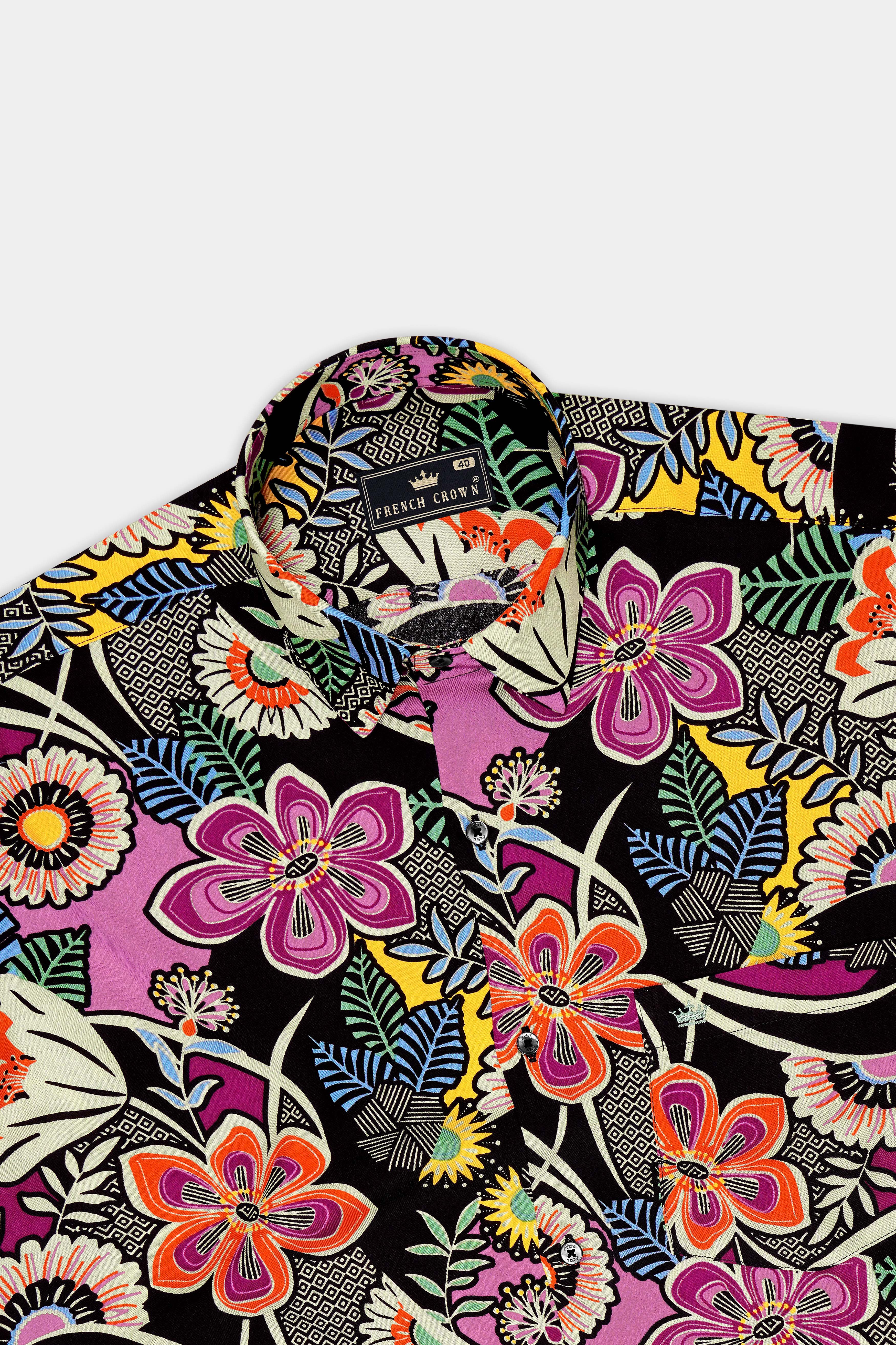 Elysian-Jade Black And Hopbush Pink Multicolour Tropical Floral Printed Super Soft Tencel Casual Shirt