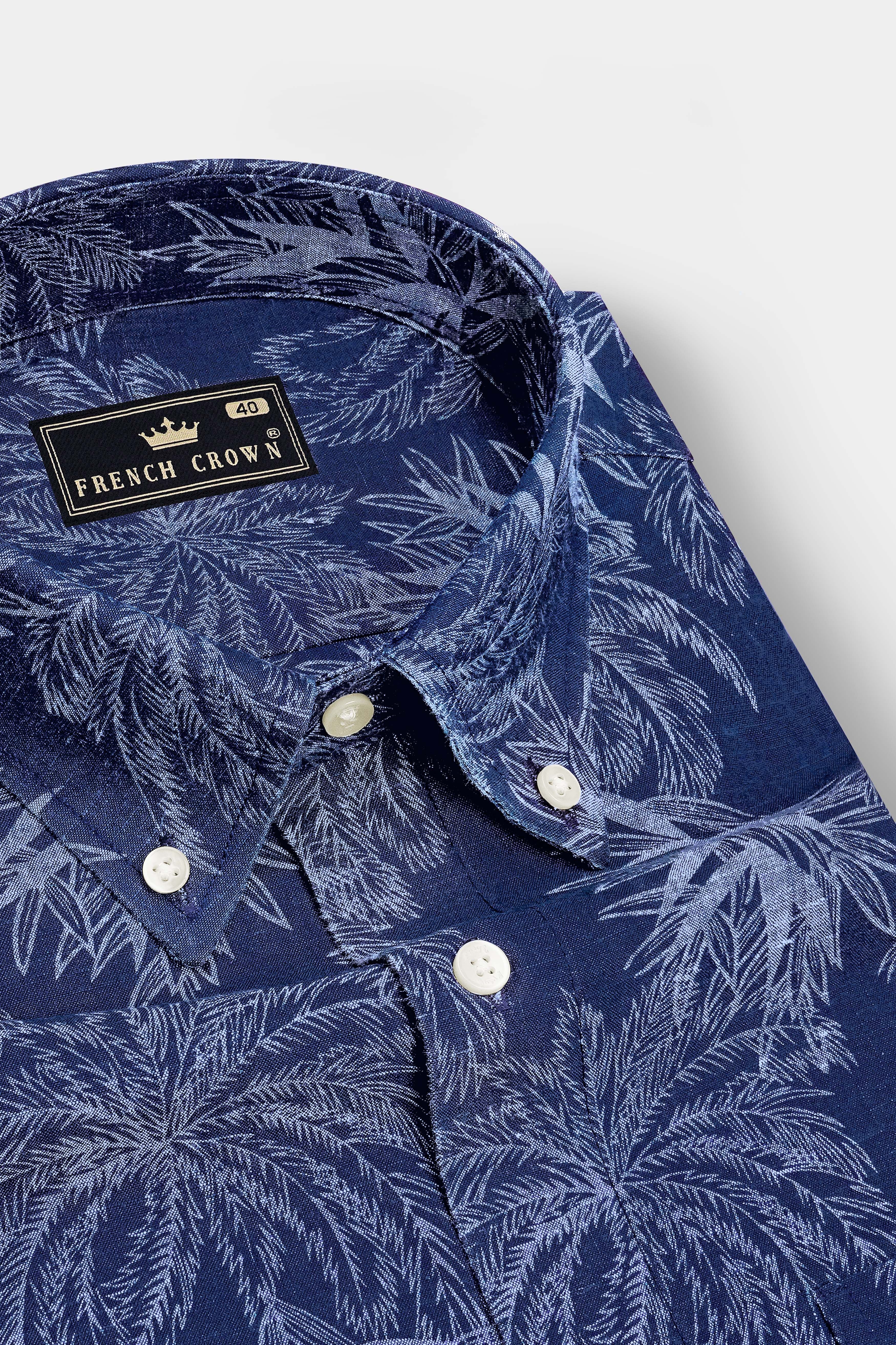 Palmora-Zodiac Blue Palm Leaf Botanical Printed Premium Denim Casual Shirt