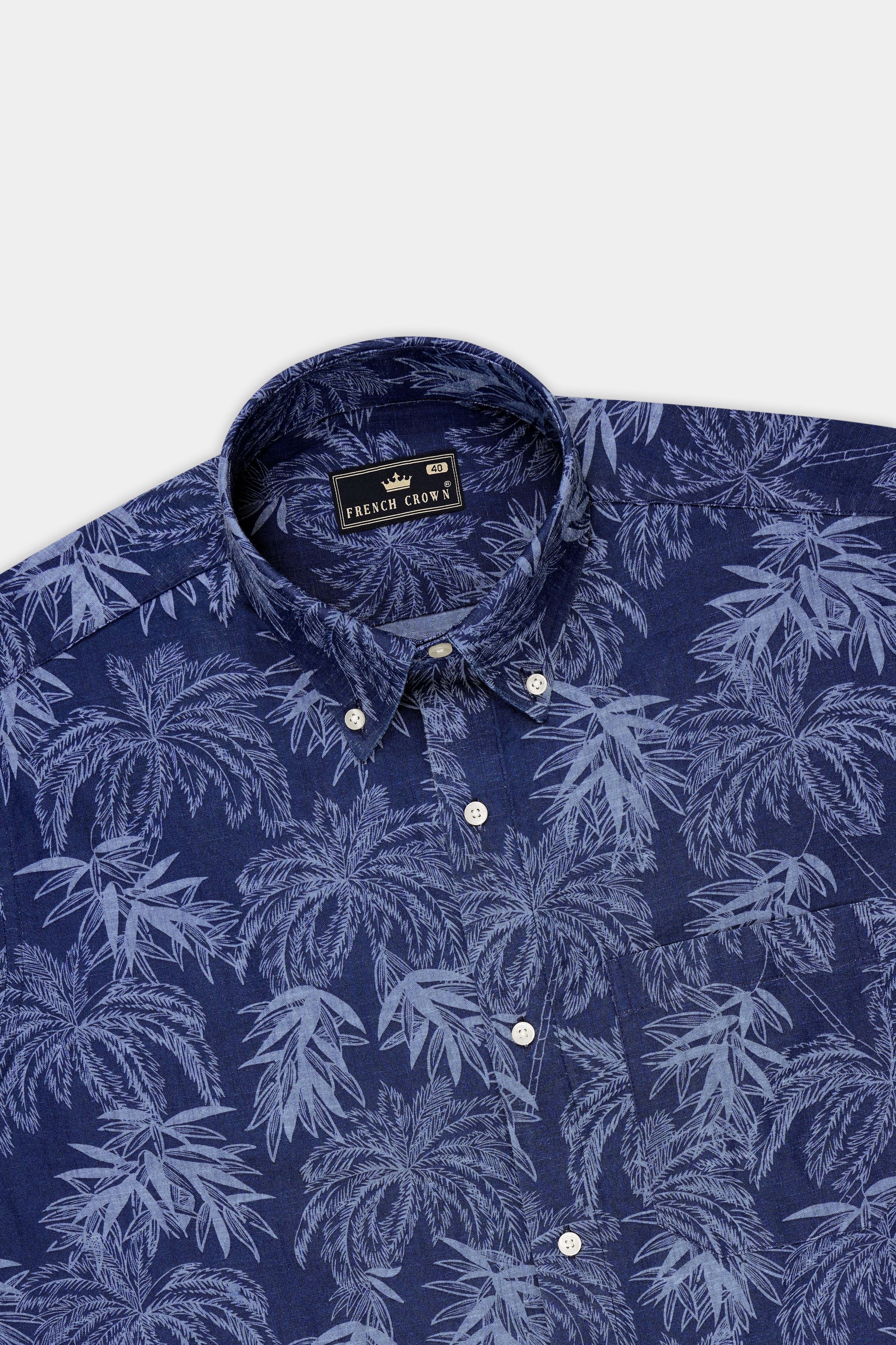 Palmora-Zodiac Blue Palm Leaf Botanical Printed Premium Denim Casual Shirt