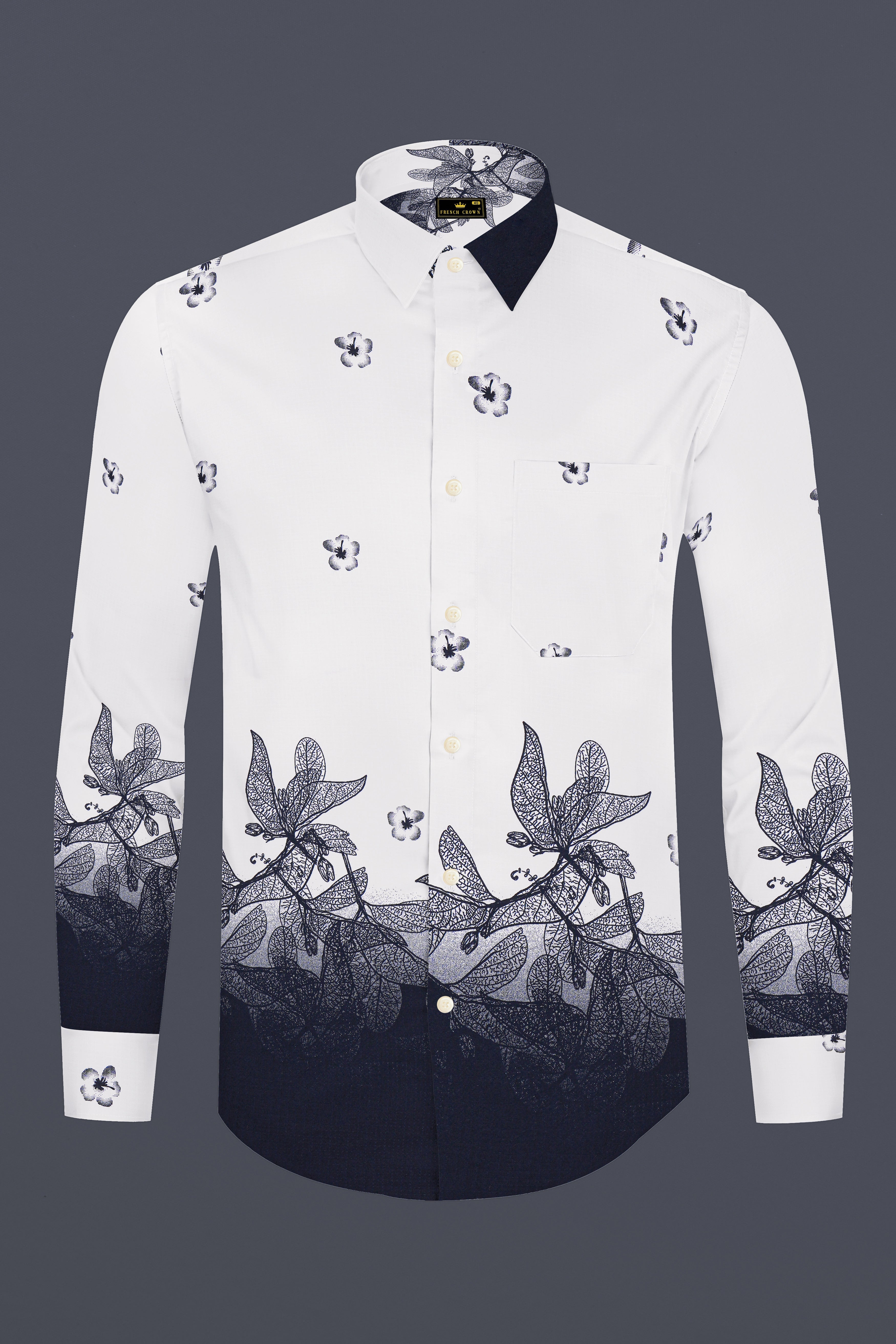 Florique-Bright White And Mirage Blue Floral Placement Printed Dobby Textured Premium Giza Cotton Casual Shirt