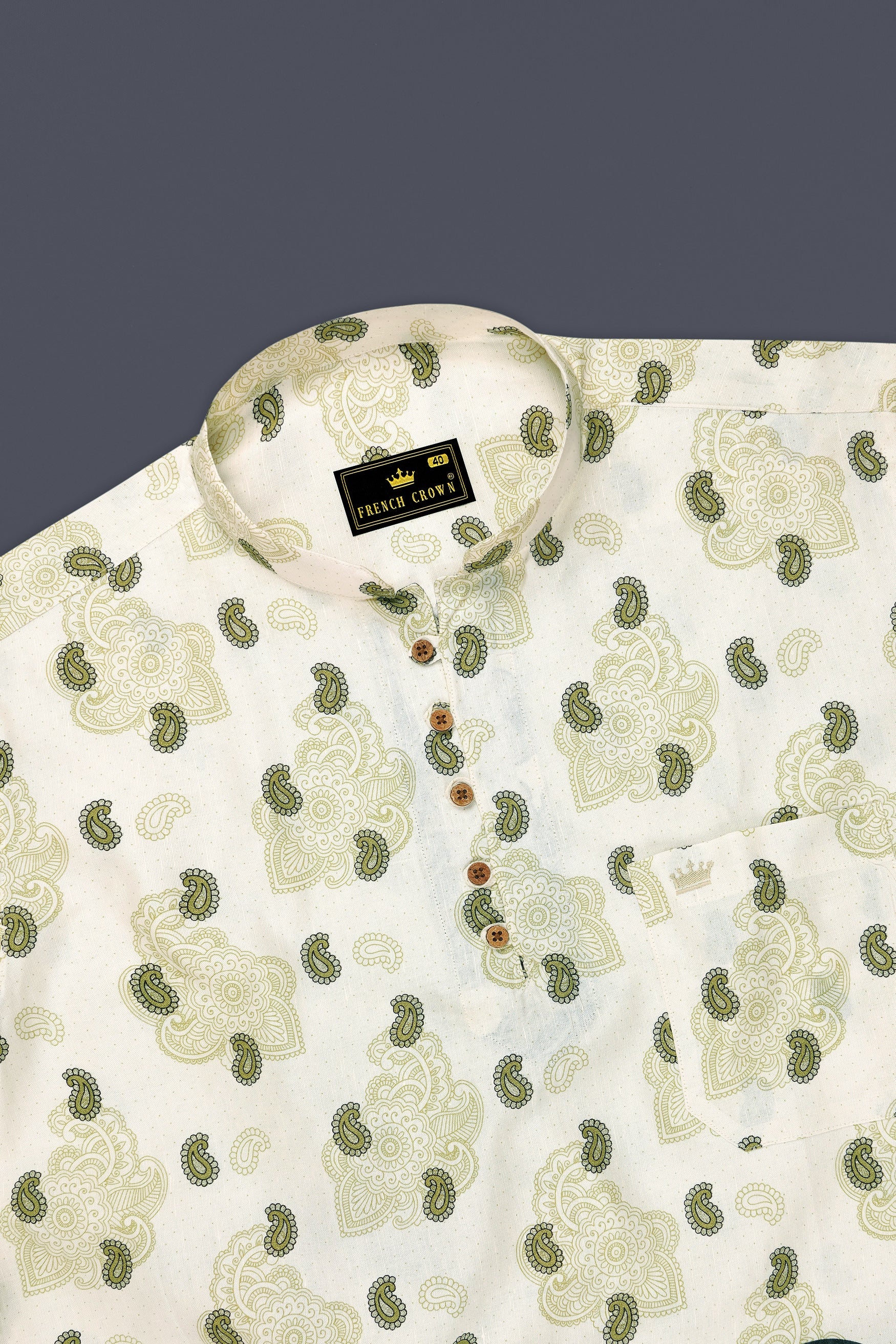 Paisano-Spring Cream And Husk Green Paisley Printed Luxurious Linen Casual Shirt