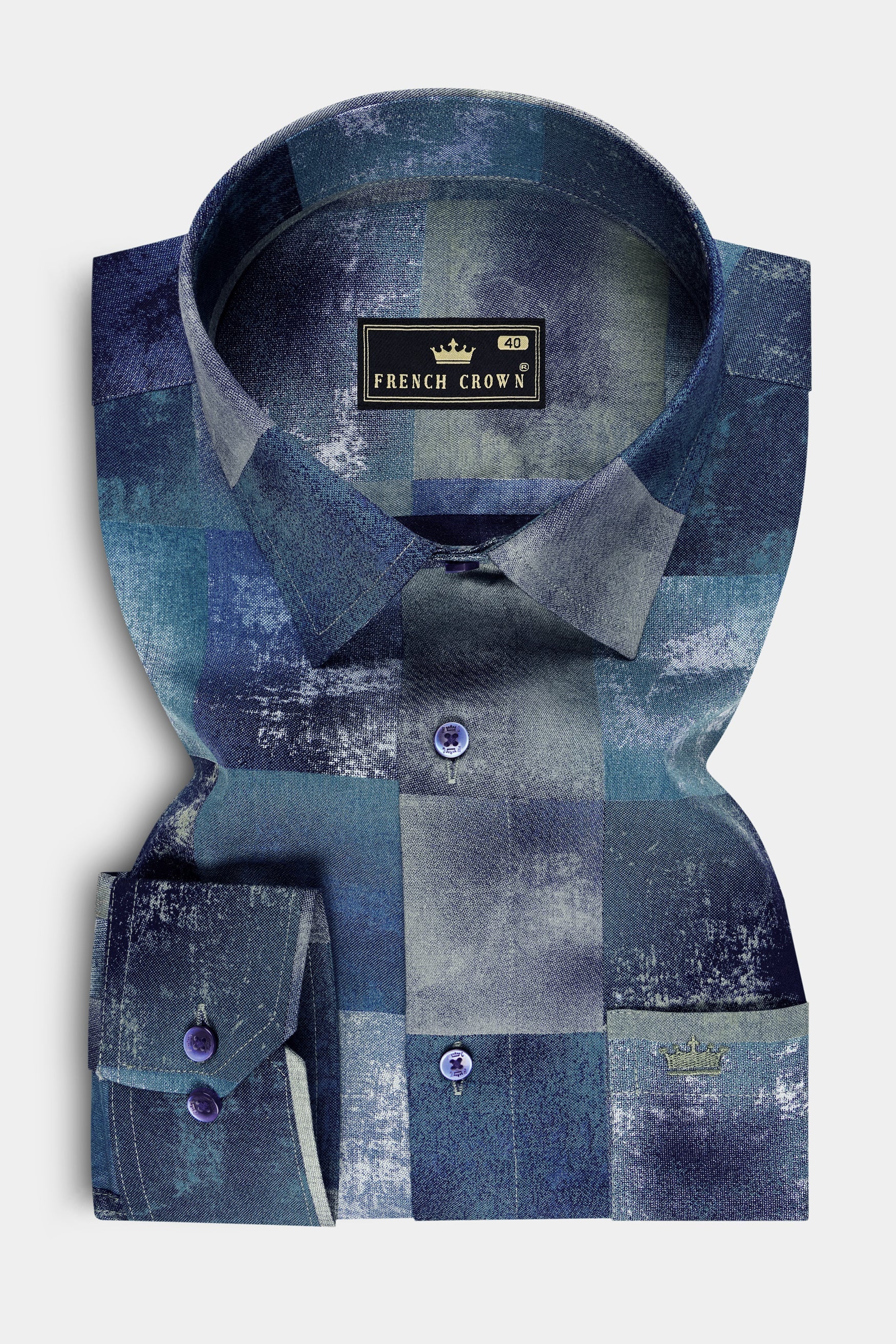 Aurelin-Nile Blue Multicolour Windowpane Printed Subtle Sheen Super Soft Premium Cotton Dress Shirt