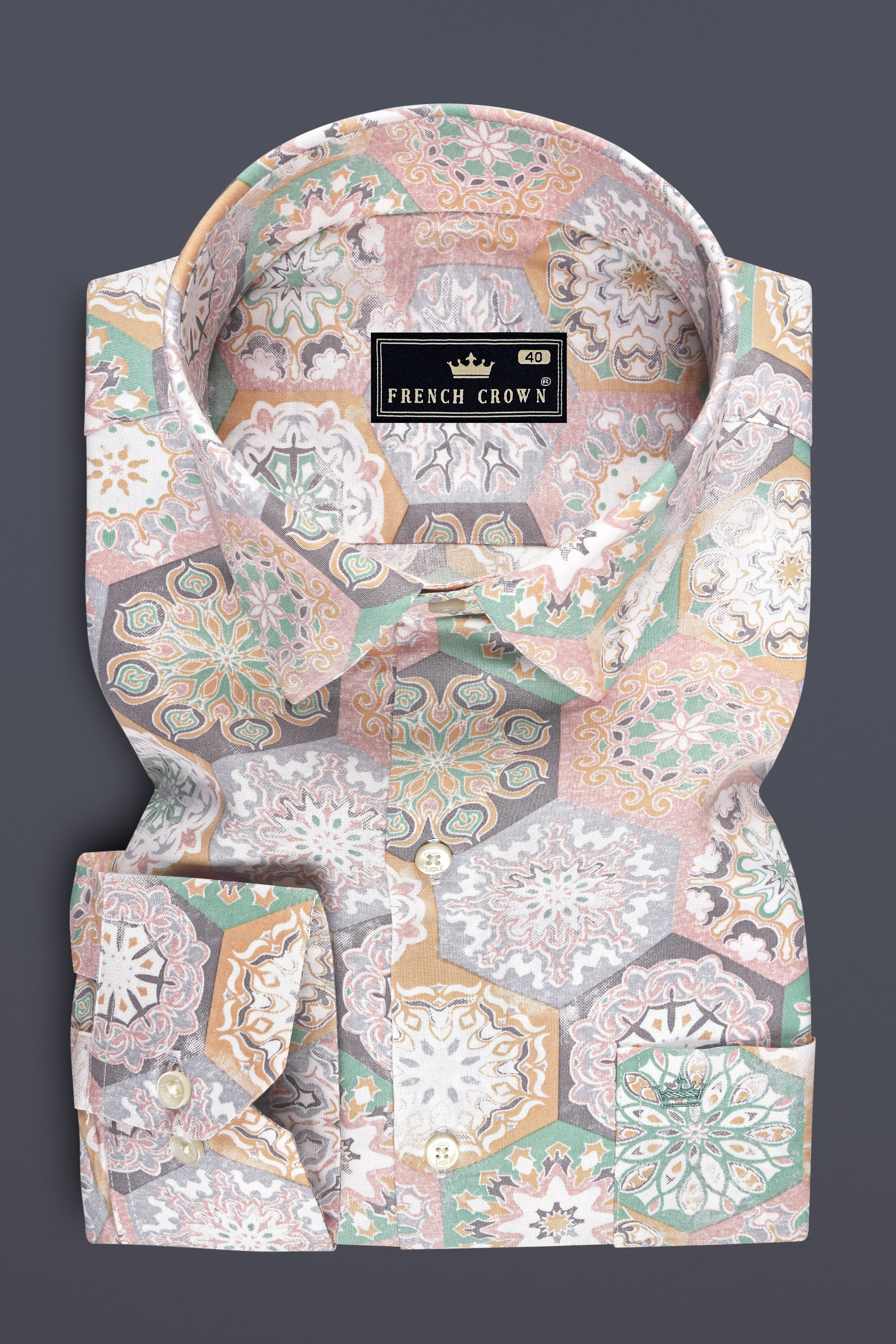 Kaleido-Potpourri Peach And Opal Green Mandala Tile Printed Super Soft Premium Cotton Casual Shirt