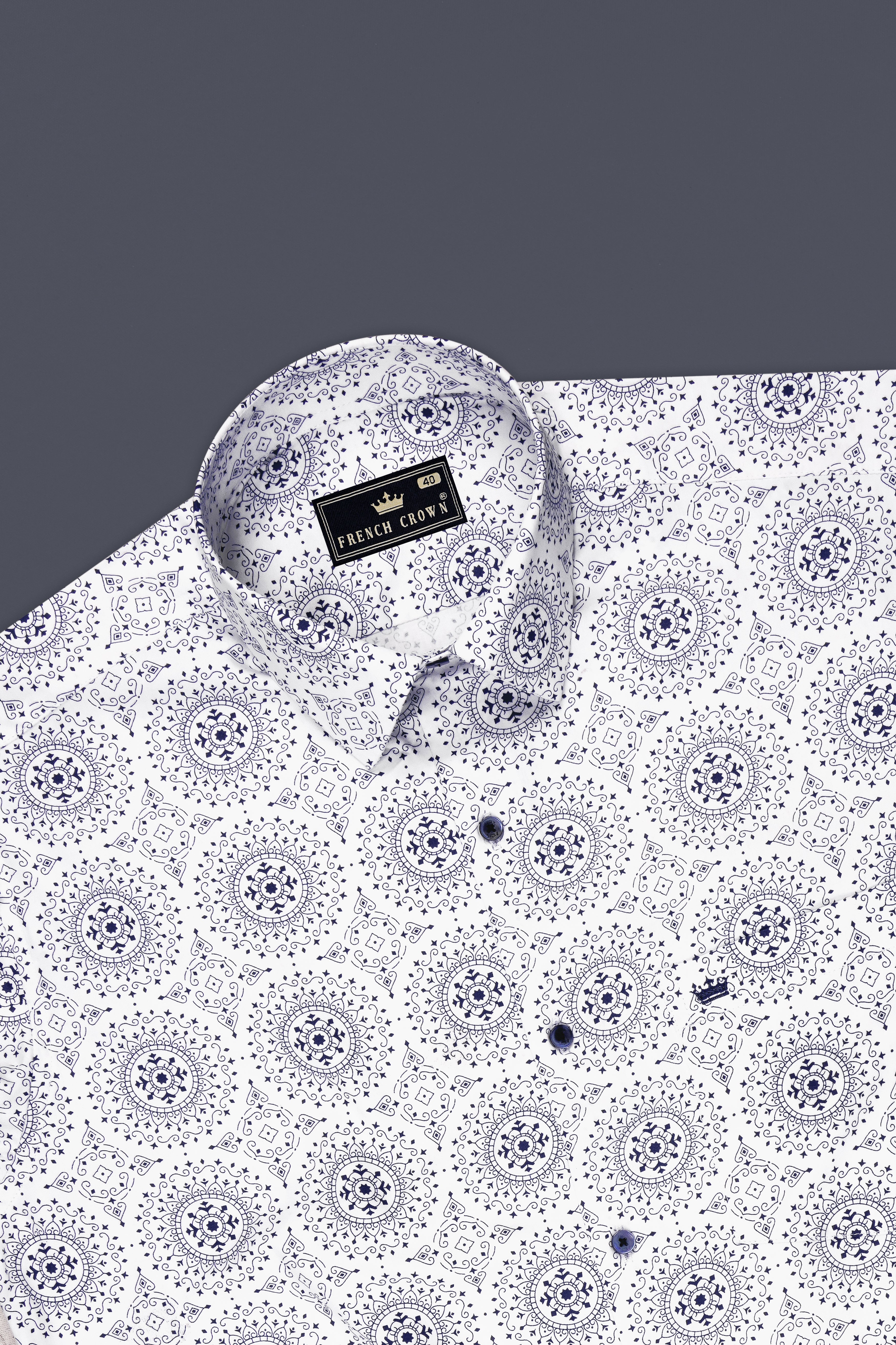 Majestic-Bright White And Midnight Blue Medallion Printed Subtle Sheen Super Soft Premium Cotton Semi Formal Shirt