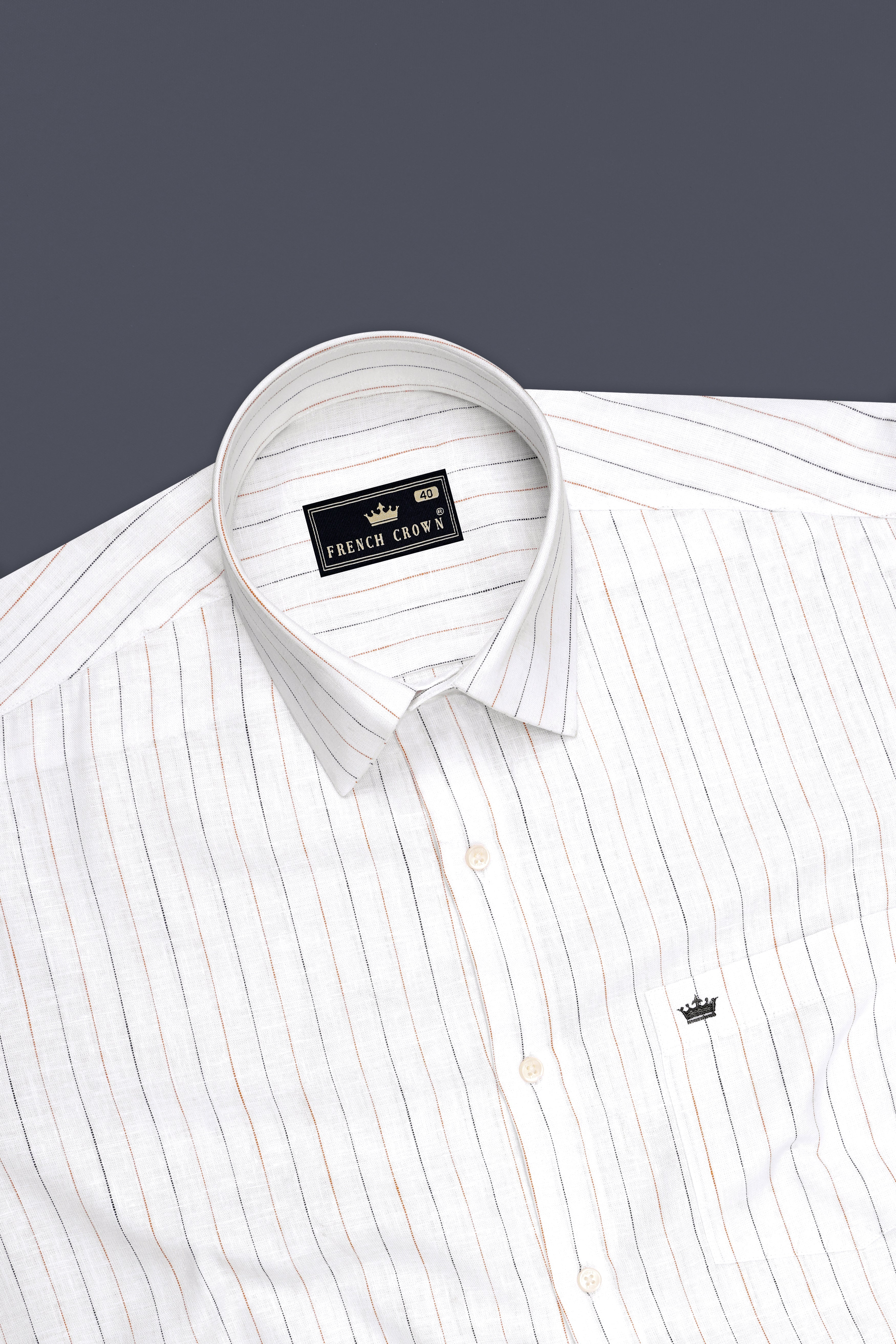 Ignite-Bright White And Fuel Orange Pin Striped 100% Pure Luxurious Linen Dress Shirt
