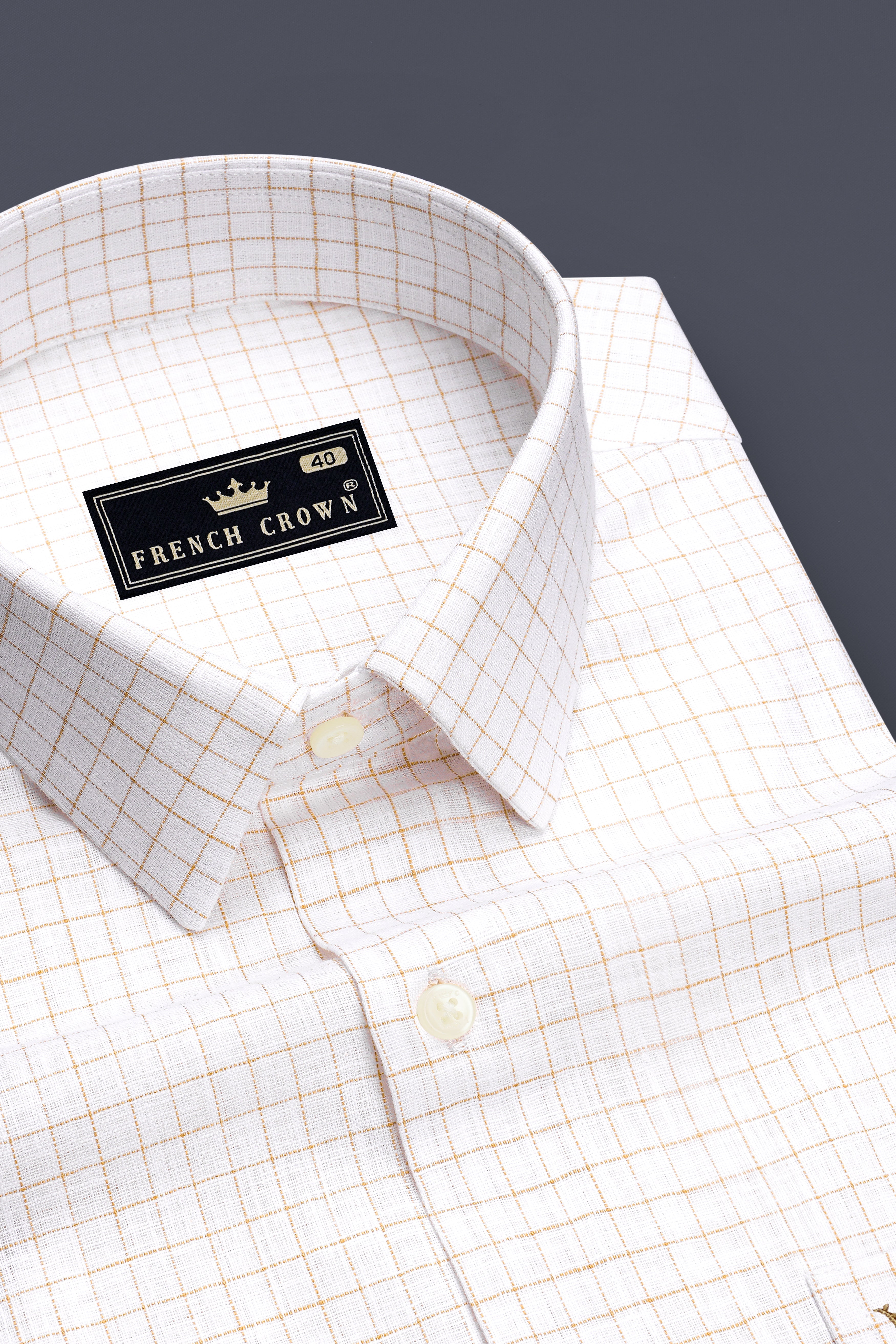 Bristol-Bright White And Tan Brown Windowpane Luxurious Linen Dress Shirt