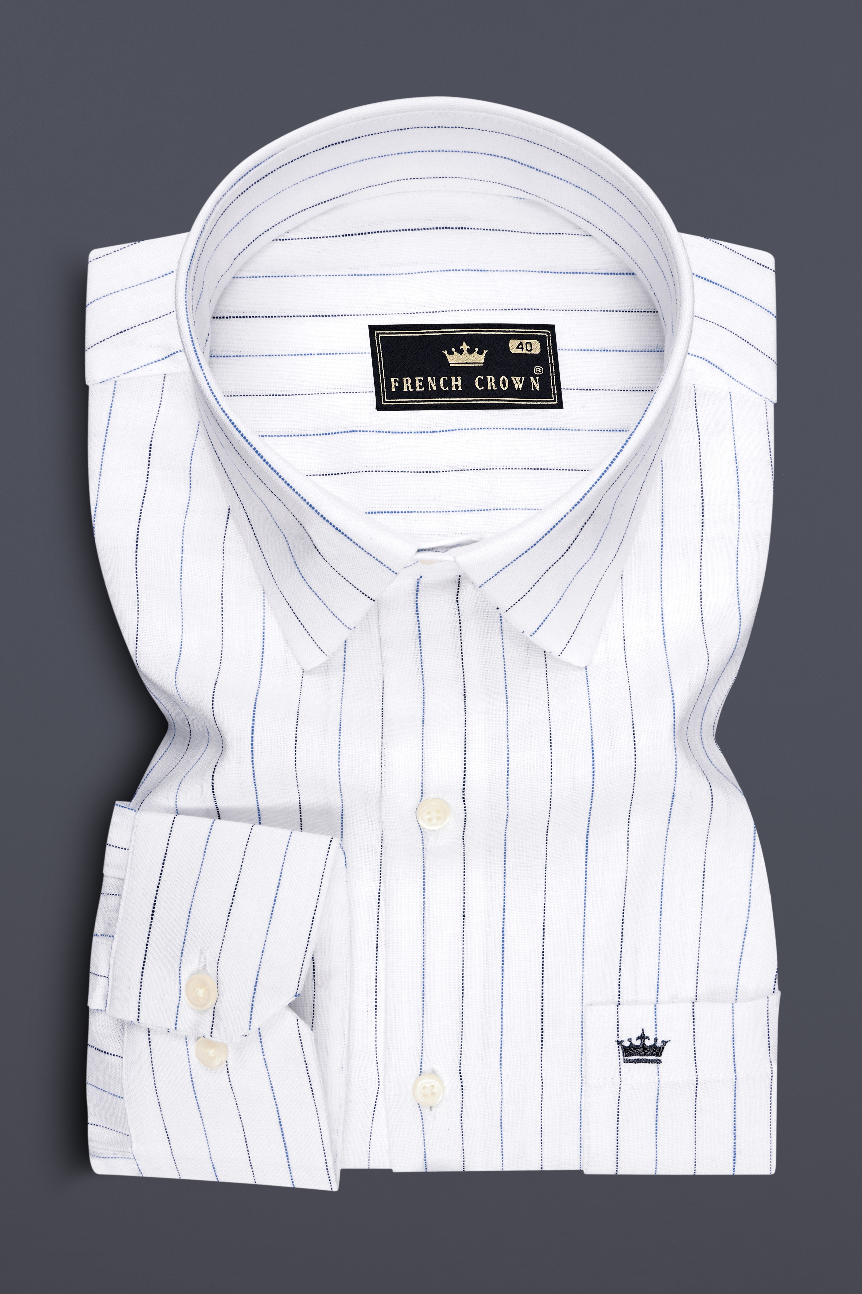 Aero-Bright White And Pastel Blue Pin Striped 100% Pure Luxurious Linen Dress Shirt