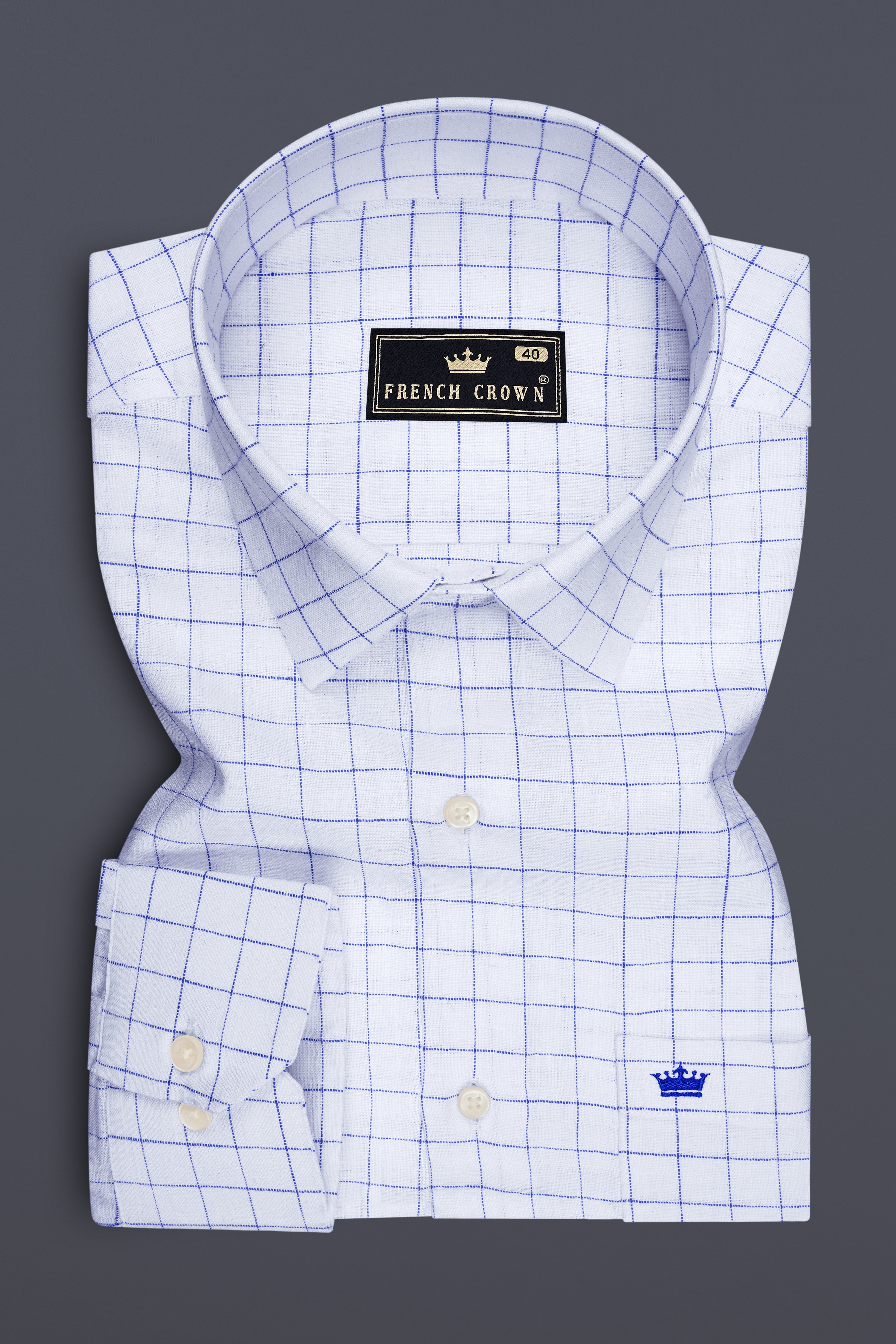 Lumen-Bright White And Periwinkle Blue Windowpane Luxurious Linen Dress Shirt