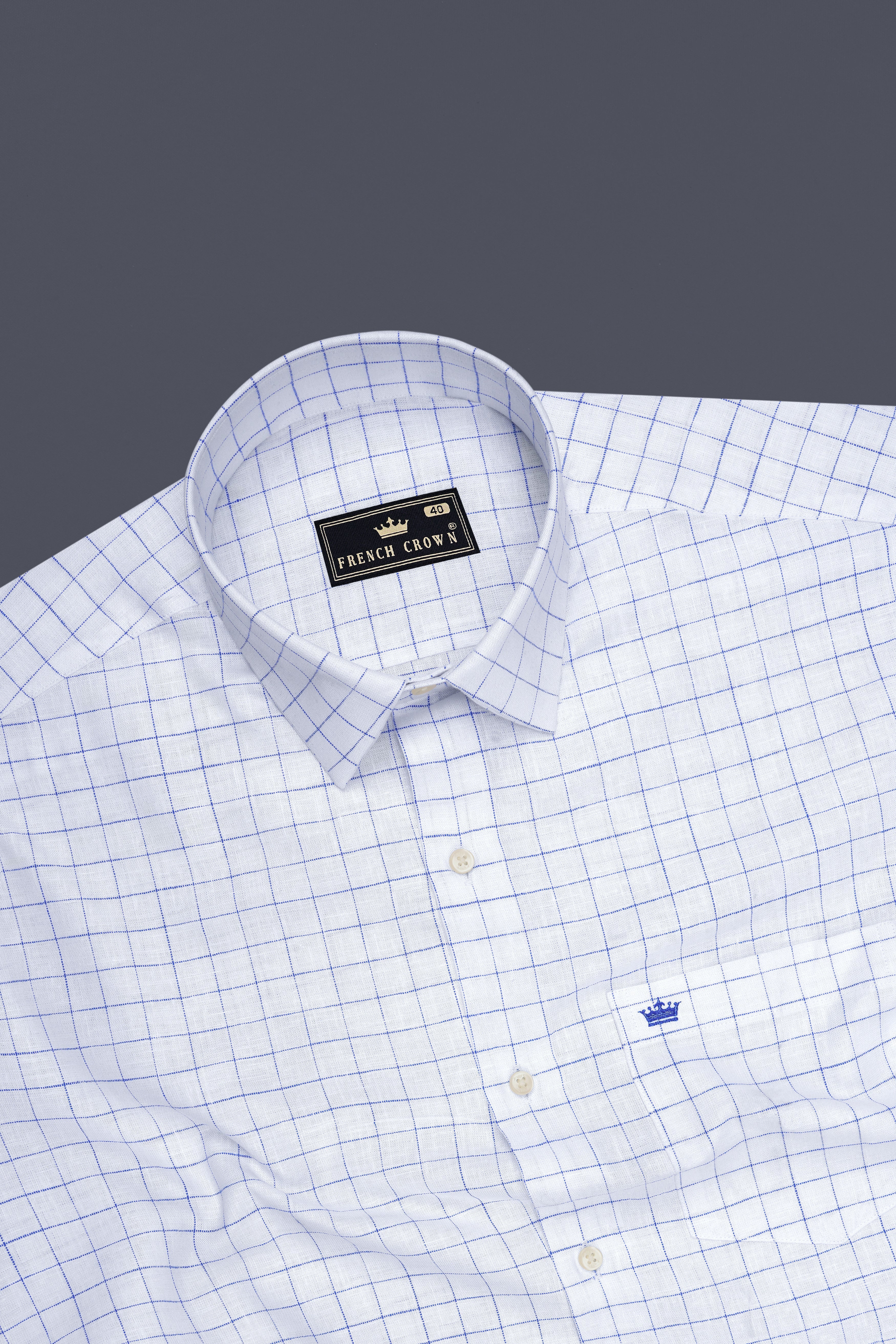 Lumen-Bright White And Periwinkle Blue Windowpane Luxurious Linen Dress Shirt