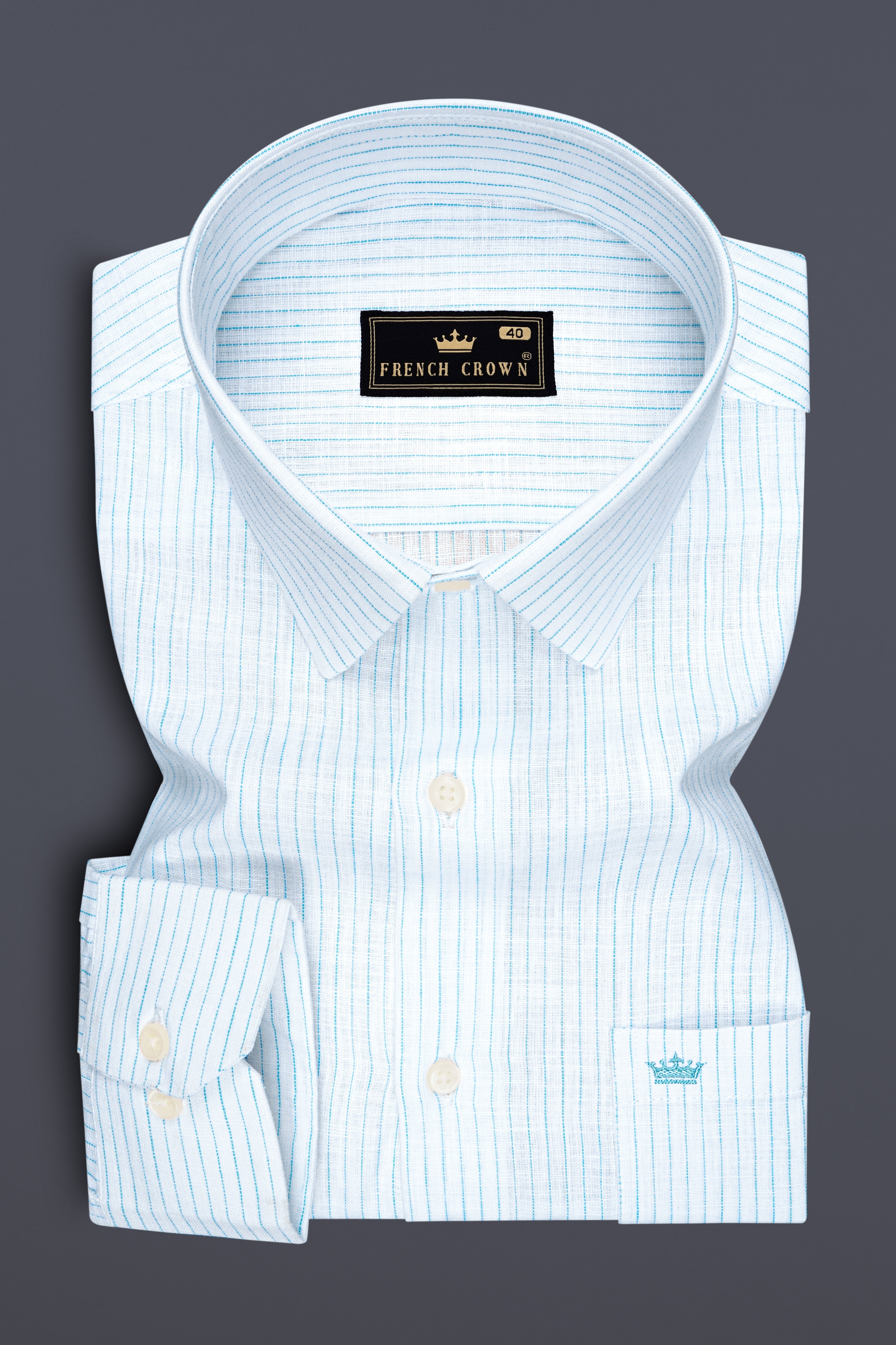 Marina-Bright White And Turquoise Blue Pin Striped Luxurious Linen Dress Shirt