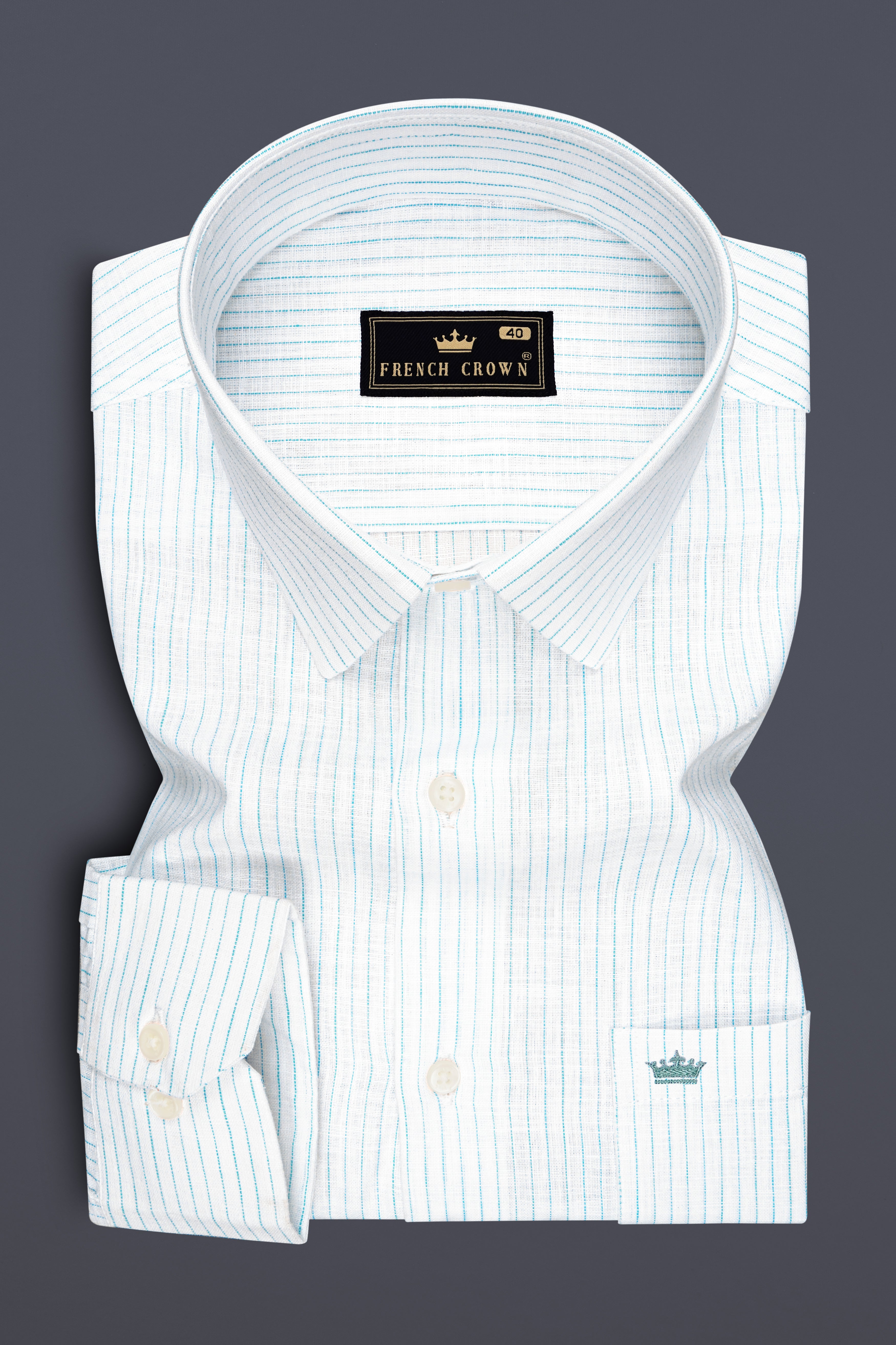 Marina-Bright White And Turquoise Blue Pin Striped Luxurious Linen Dress Shirt
