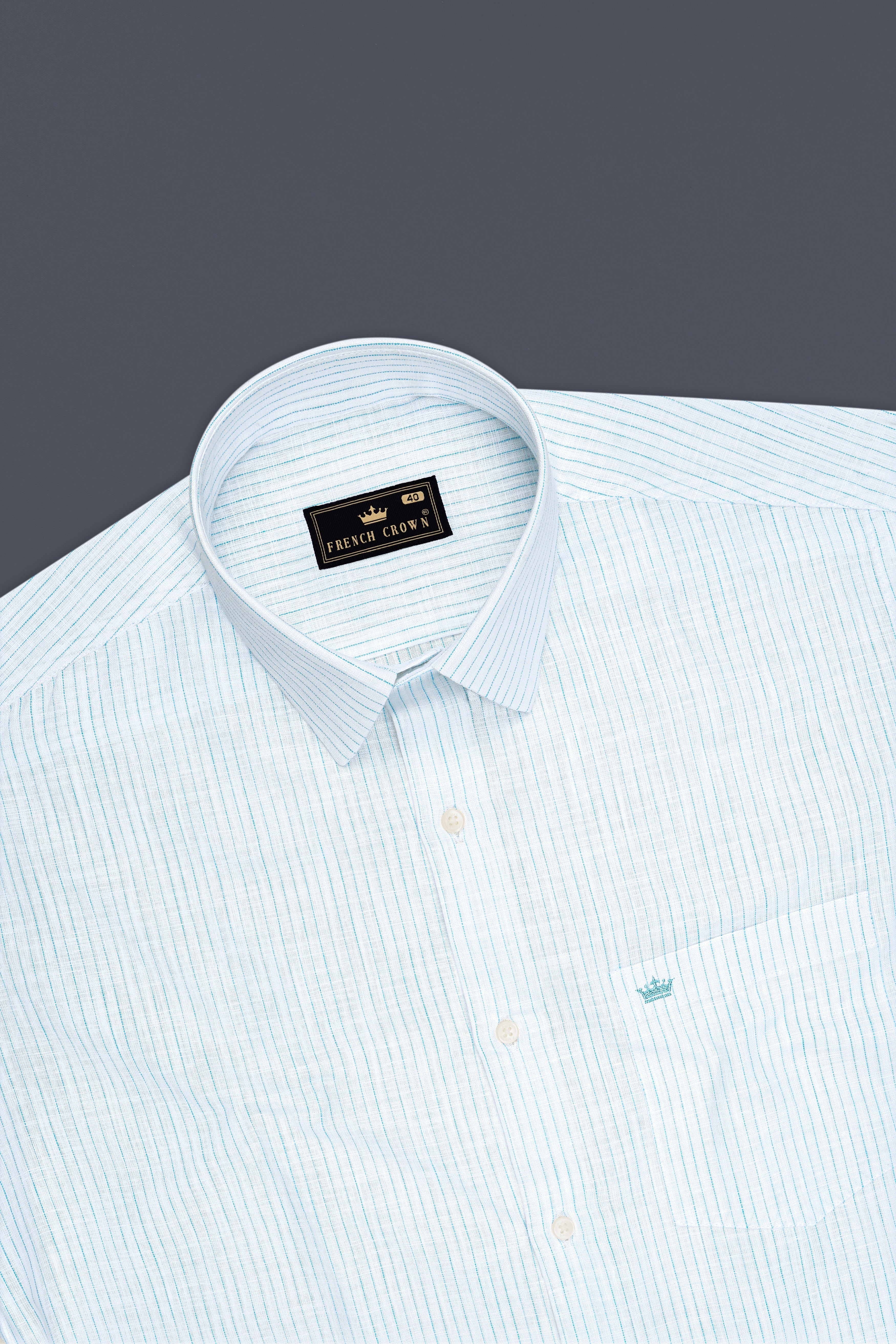 Marina-Bright White And Turquoise Blue Pin Striped Luxurious Linen Dress Shirt