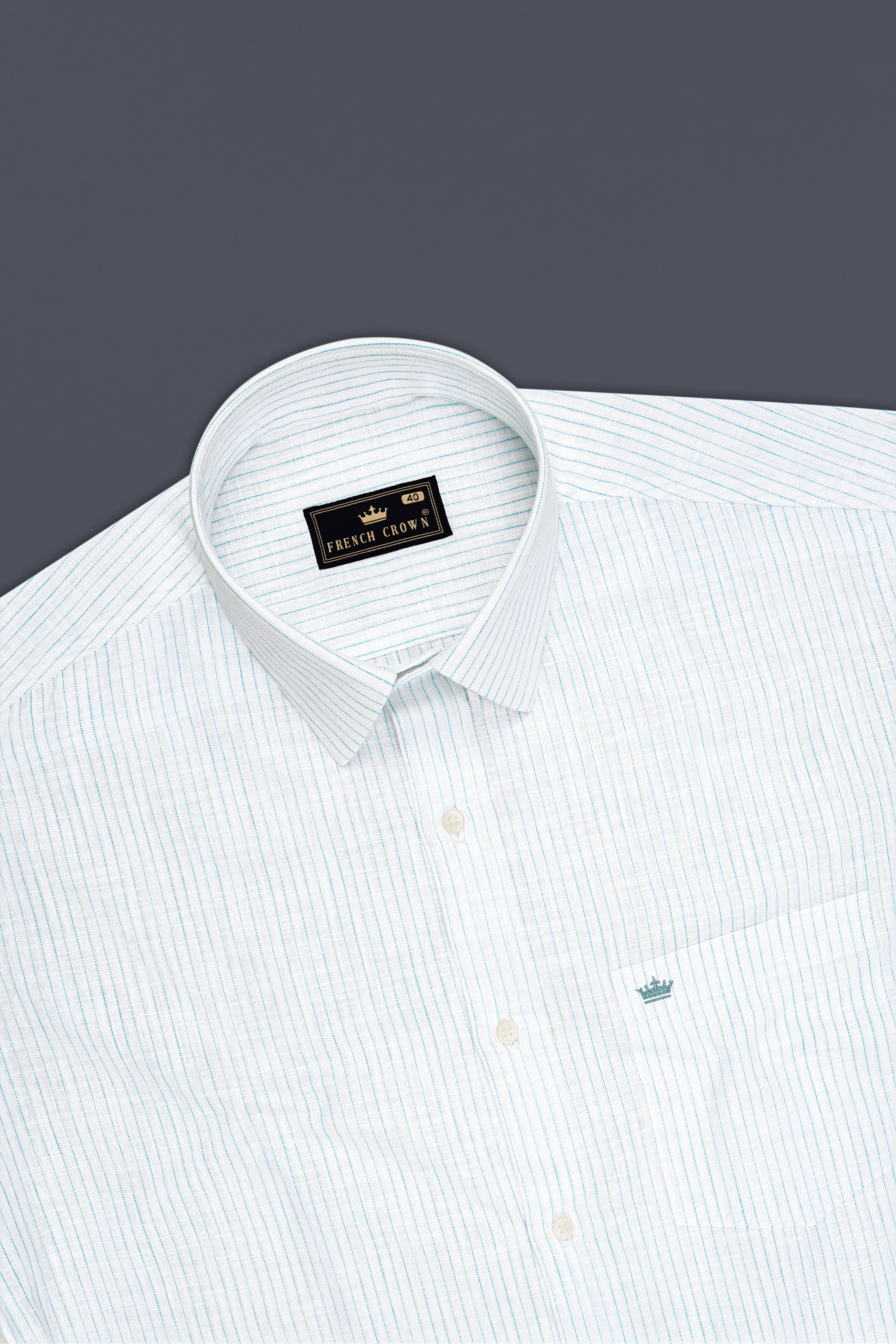 Marina-Bright White And Turquoise Blue Pin Striped Luxurious Linen Dress Shirt