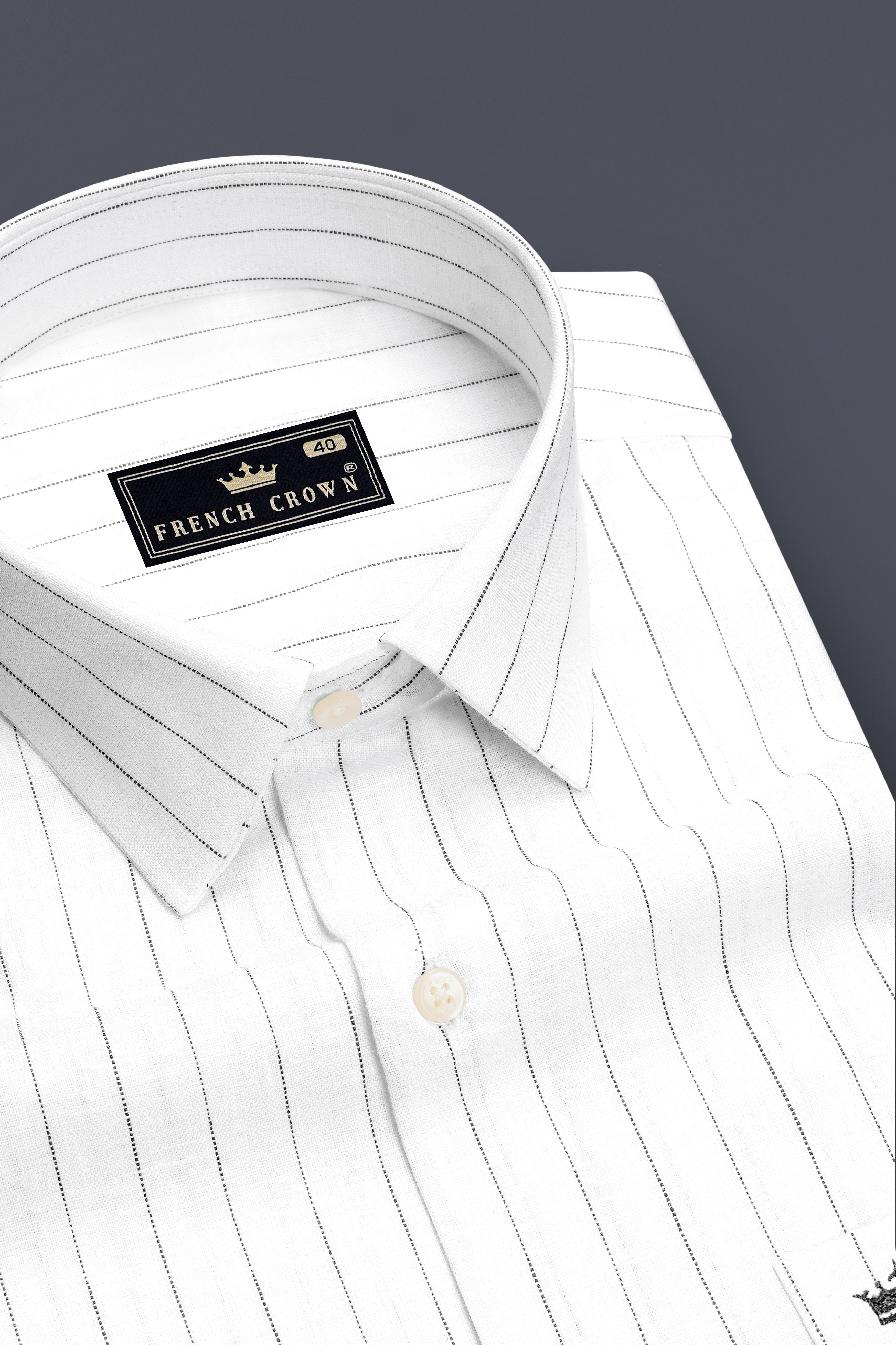 Striata-Bright White And Stack Gray Pin Striped 100% Pure Luxurious Linen Dress Shirt