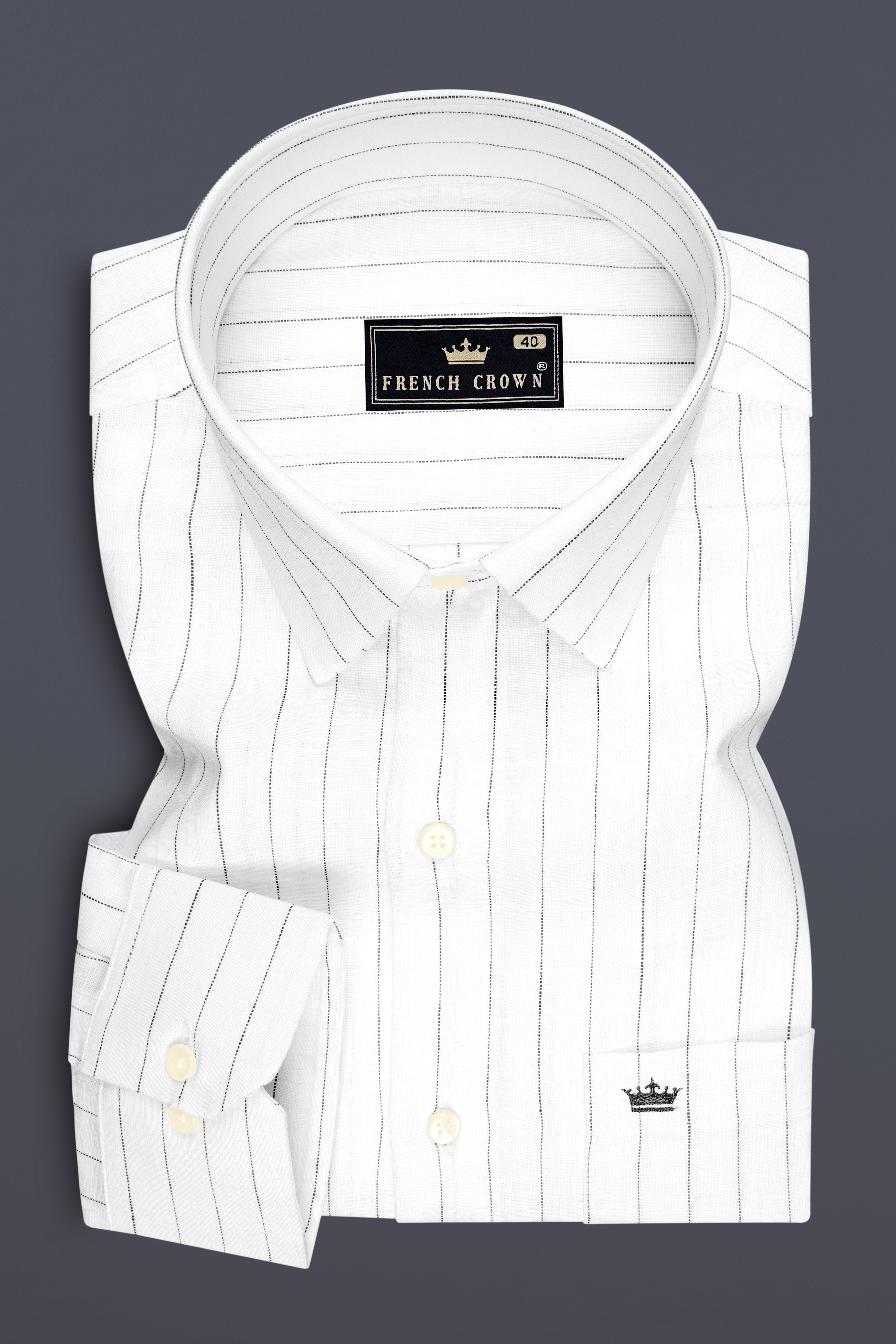 Striata-Bright White And Stack Gray Pin Striped 100% Pure Luxurious Linen Dress Shirt