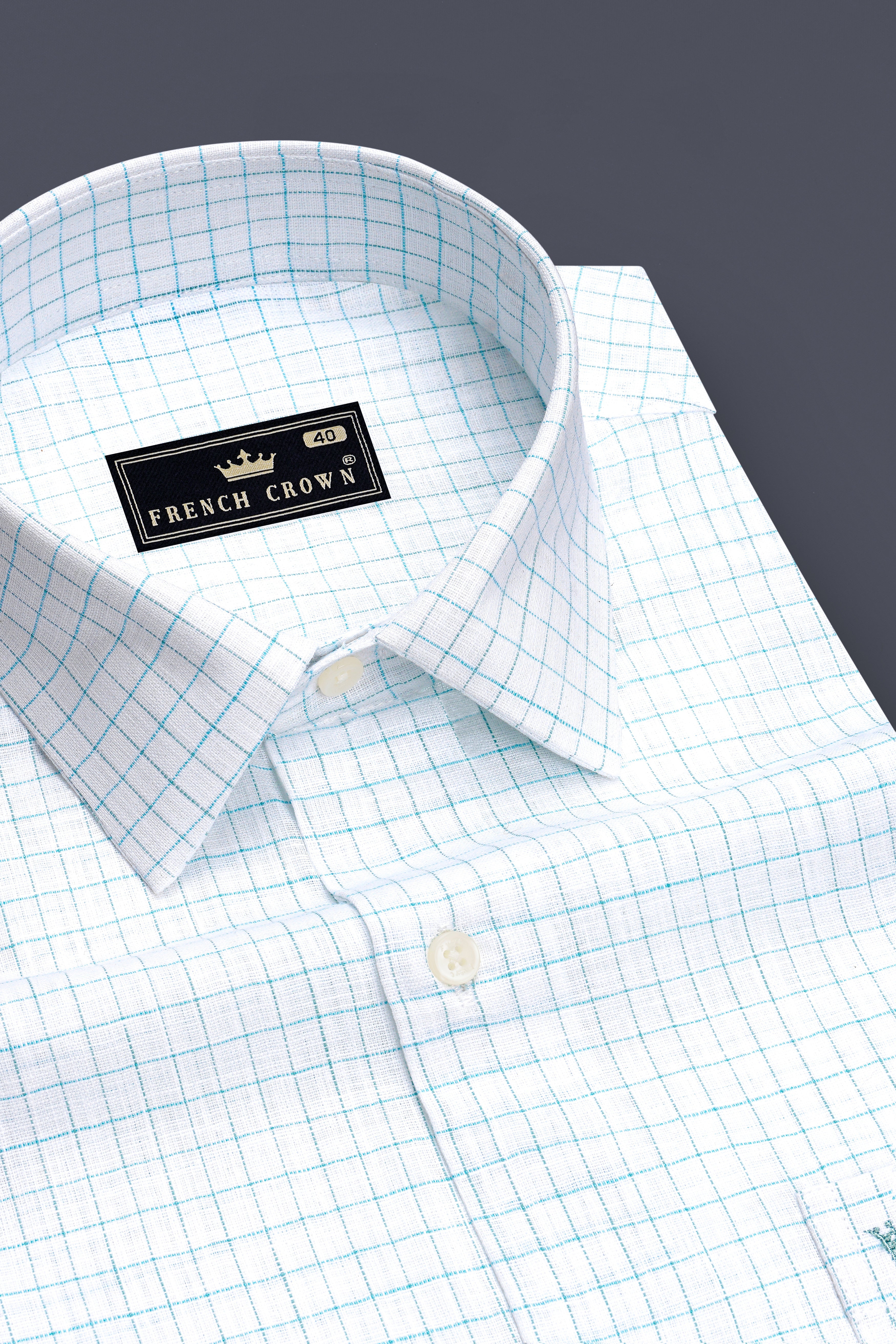 Zephyr-Bright White And Aquamarine Blue Windowpane Luxurious Linen Dress Shirt