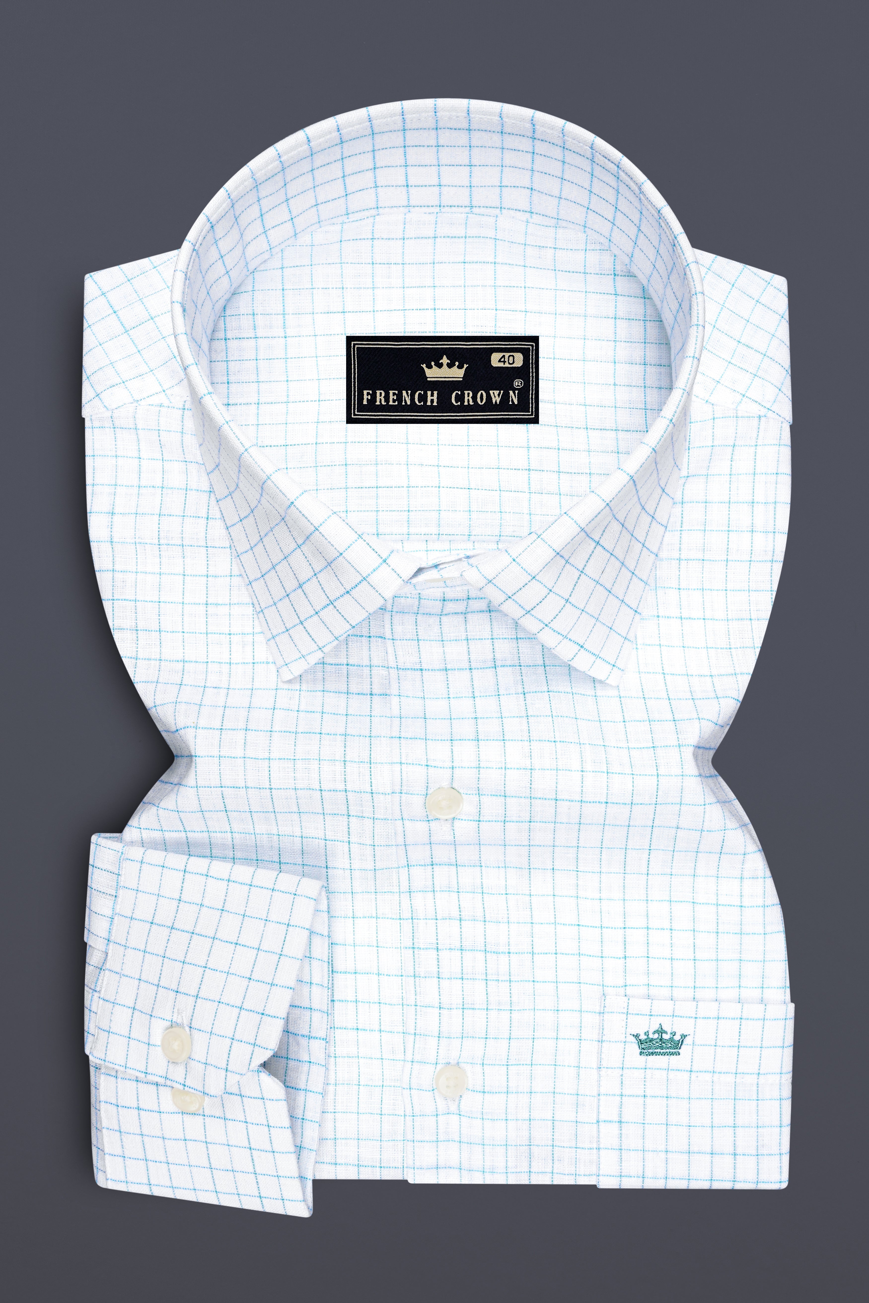 Zephyr-Bright White And Aquamarine Blue Windowpane Luxurious Linen Dress Shirt