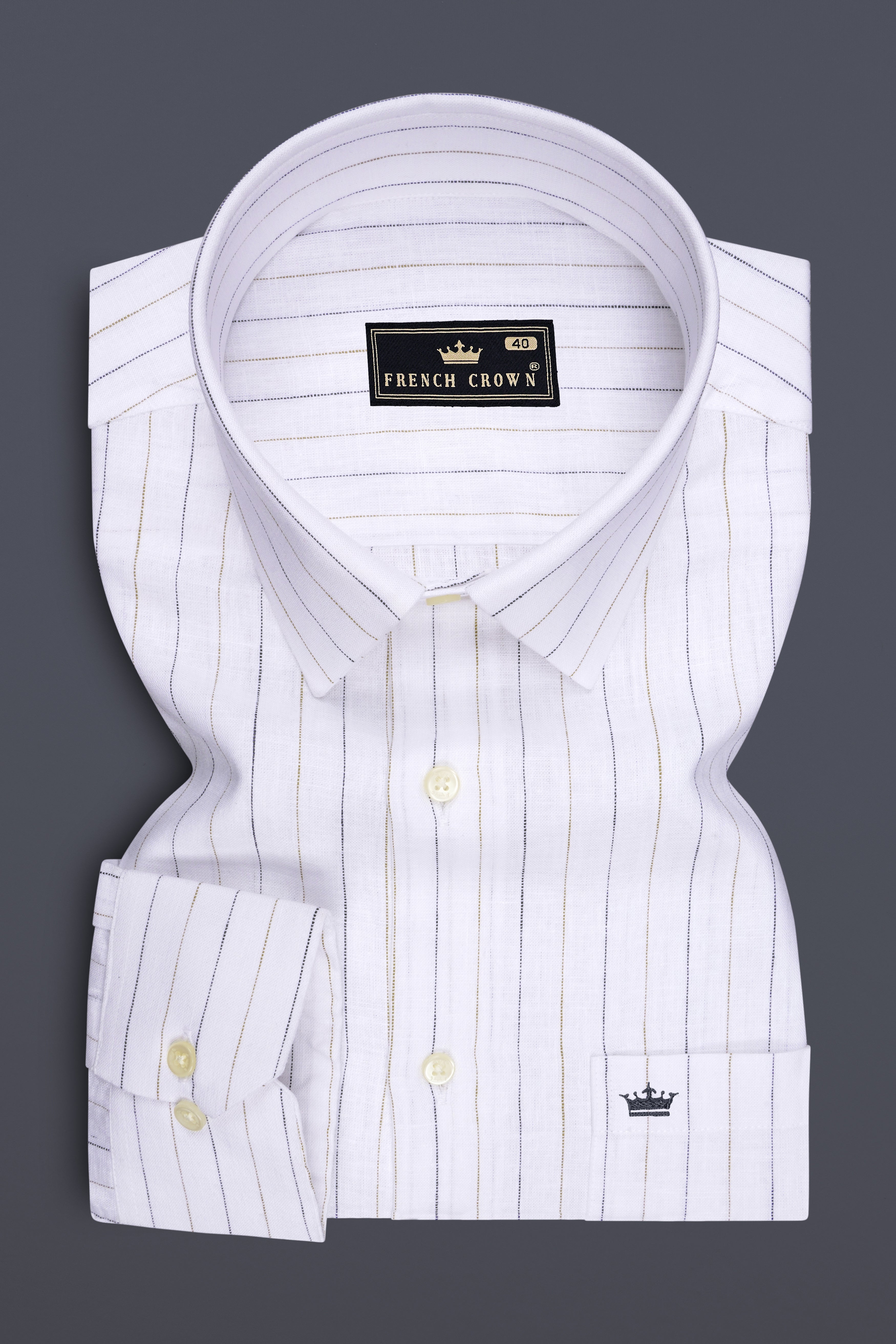 Solace-Bright White And Sandrift Brown Pin Striped 100% Pure Luxurious Linen Dress Shirt