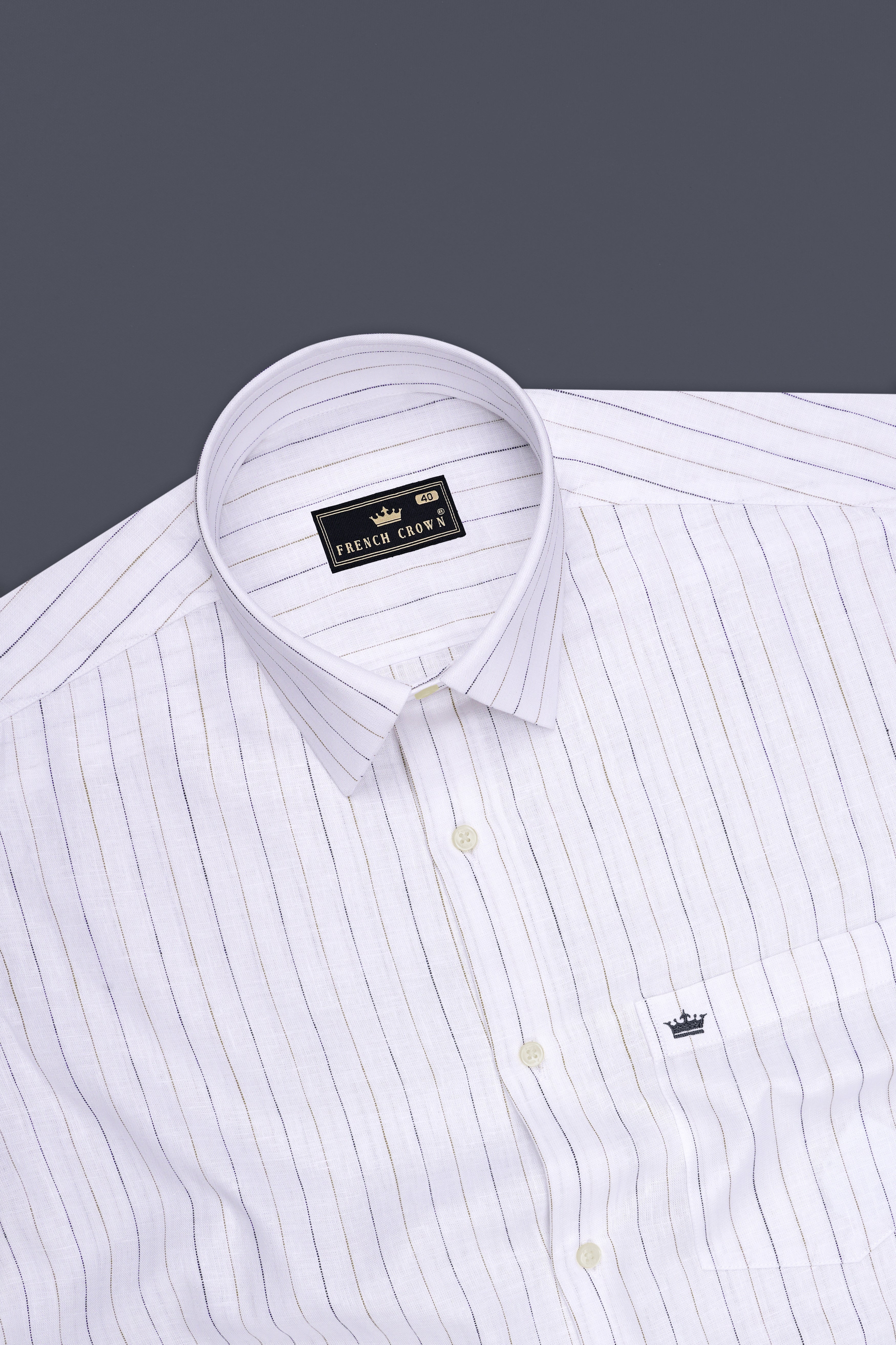 Solace-Bright White And Sandrift Brown Pin Striped 100% Pure Luxurious Linen Dress Shirt
