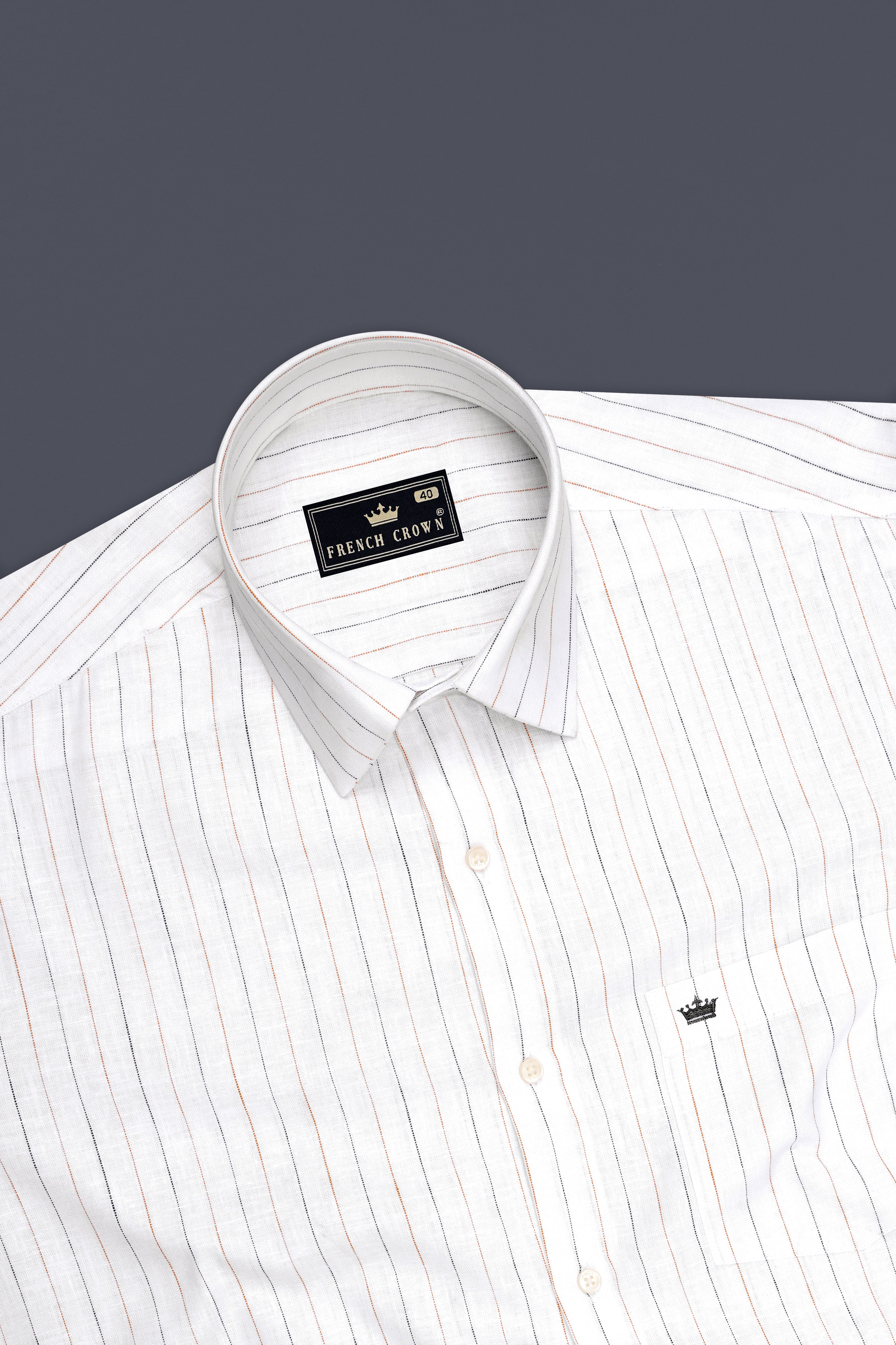 Ignite-Bright White And Fuel Orange Pin Striped 100% Pure Luxurious Linen Dress Shirt
