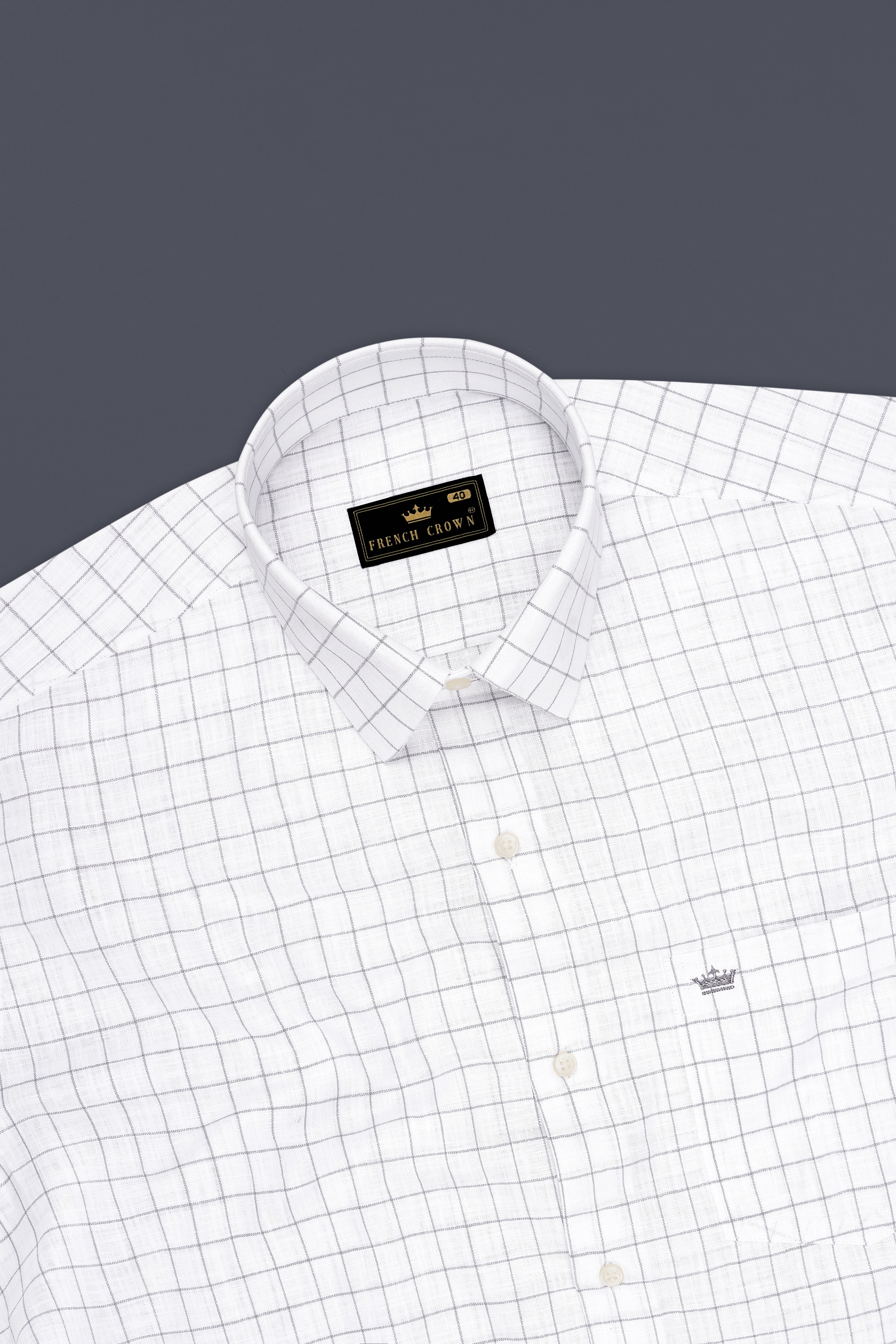 Aureum-Bright White And Bronco Gray Windowpane Luxurious Linen Dress Shirt