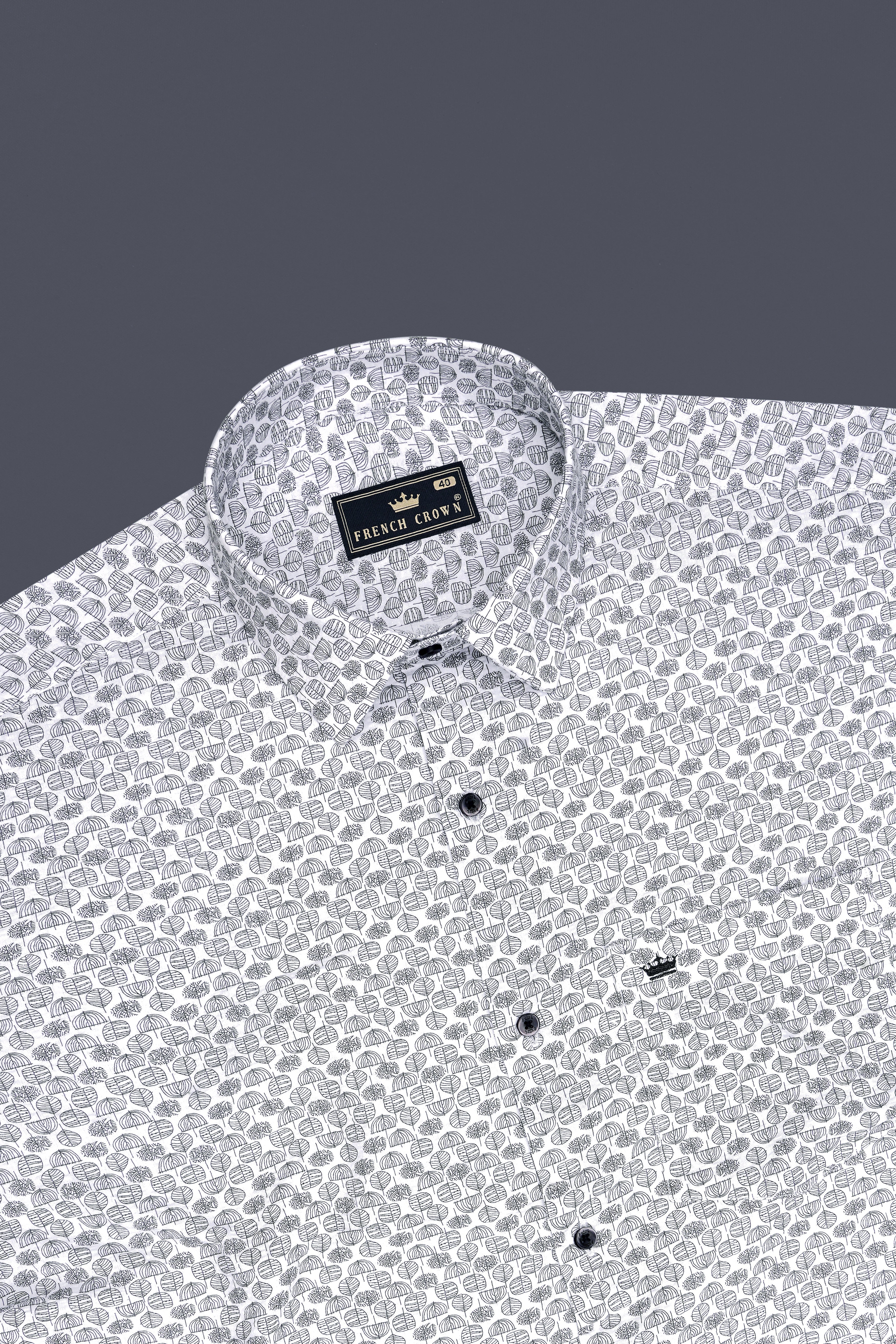 Zephyr-Bright White Leaf Motif Printed Seersucker Giza Cotton Semi Formal Shirt