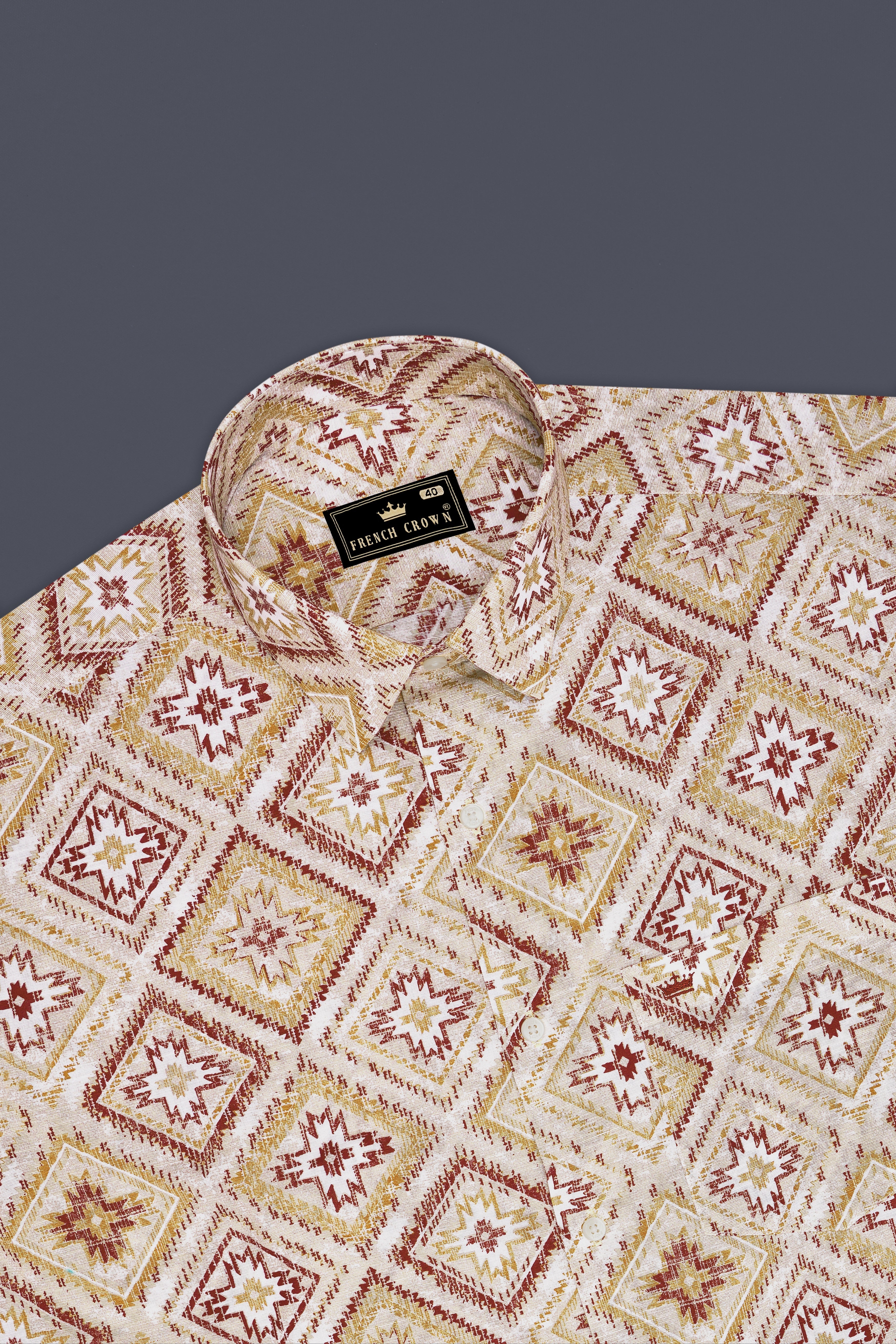 Vertex-Delta Cream And Redwood Maroon Geometric Printed Luxurious Linen Casual Shirt