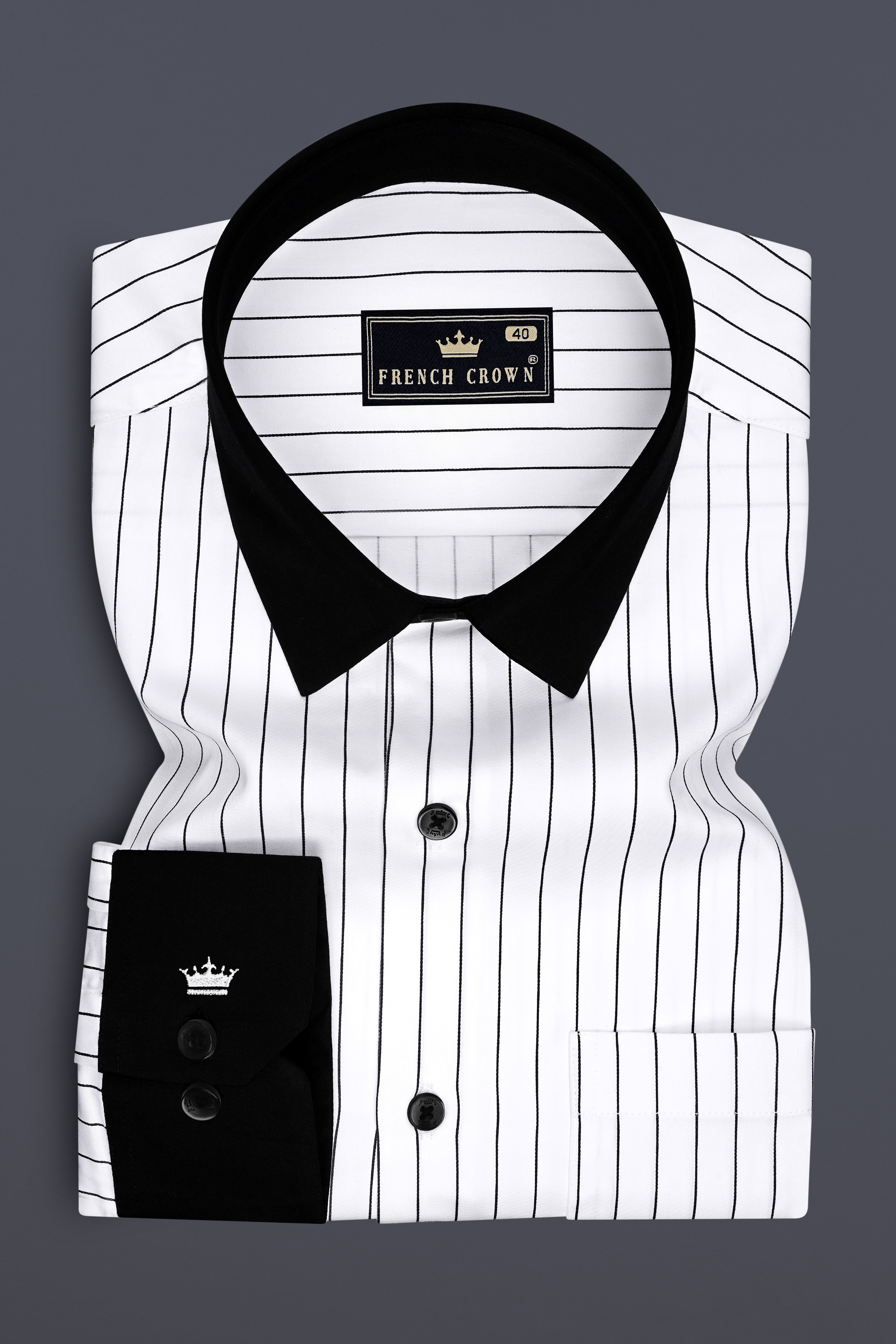 Aurum-Bright White And Jade Black Pin Striped Subtle Sheen Super Soft Premium Cotton Black Cuff Collar Dress Shirt