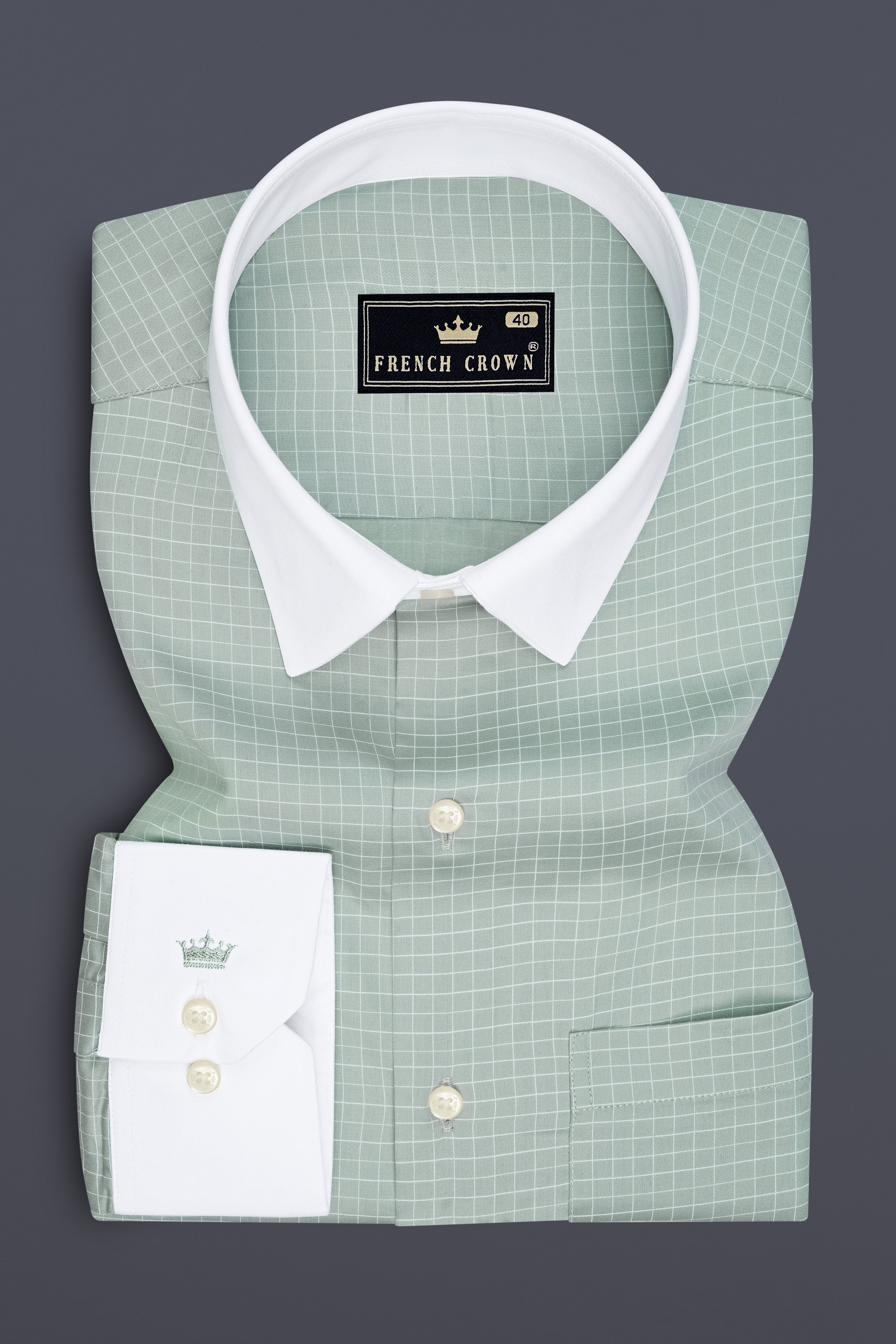 Ascend-Tower Green Plaid Subtle Sheen Super Soft Premium Cotton Dress White Cuff Collar Shirt