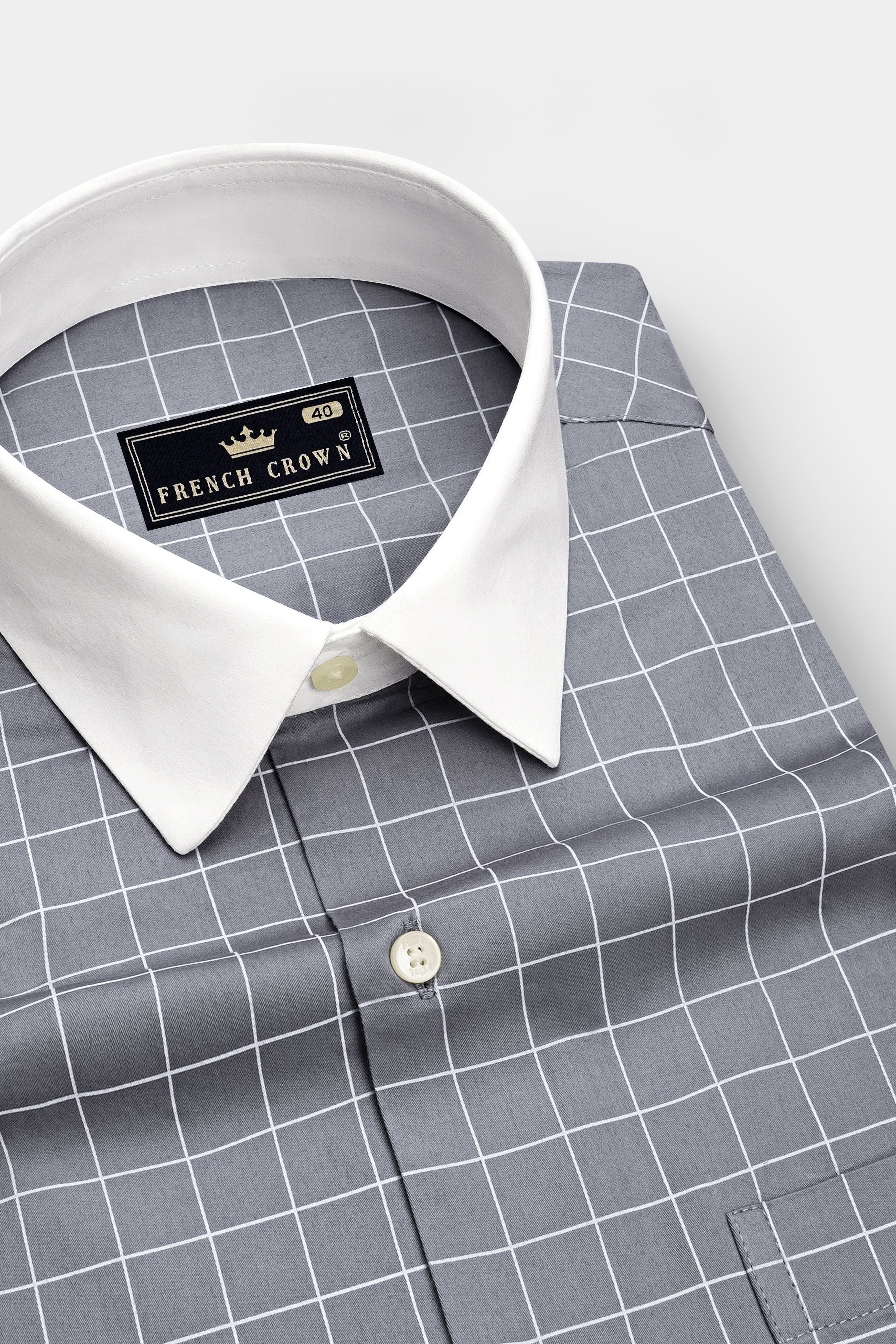 Slate-Raven Gray And Bright White Windowpane Subtle Sheen Super Soft Premium Cotton White Cuff Collar Dress Shirt