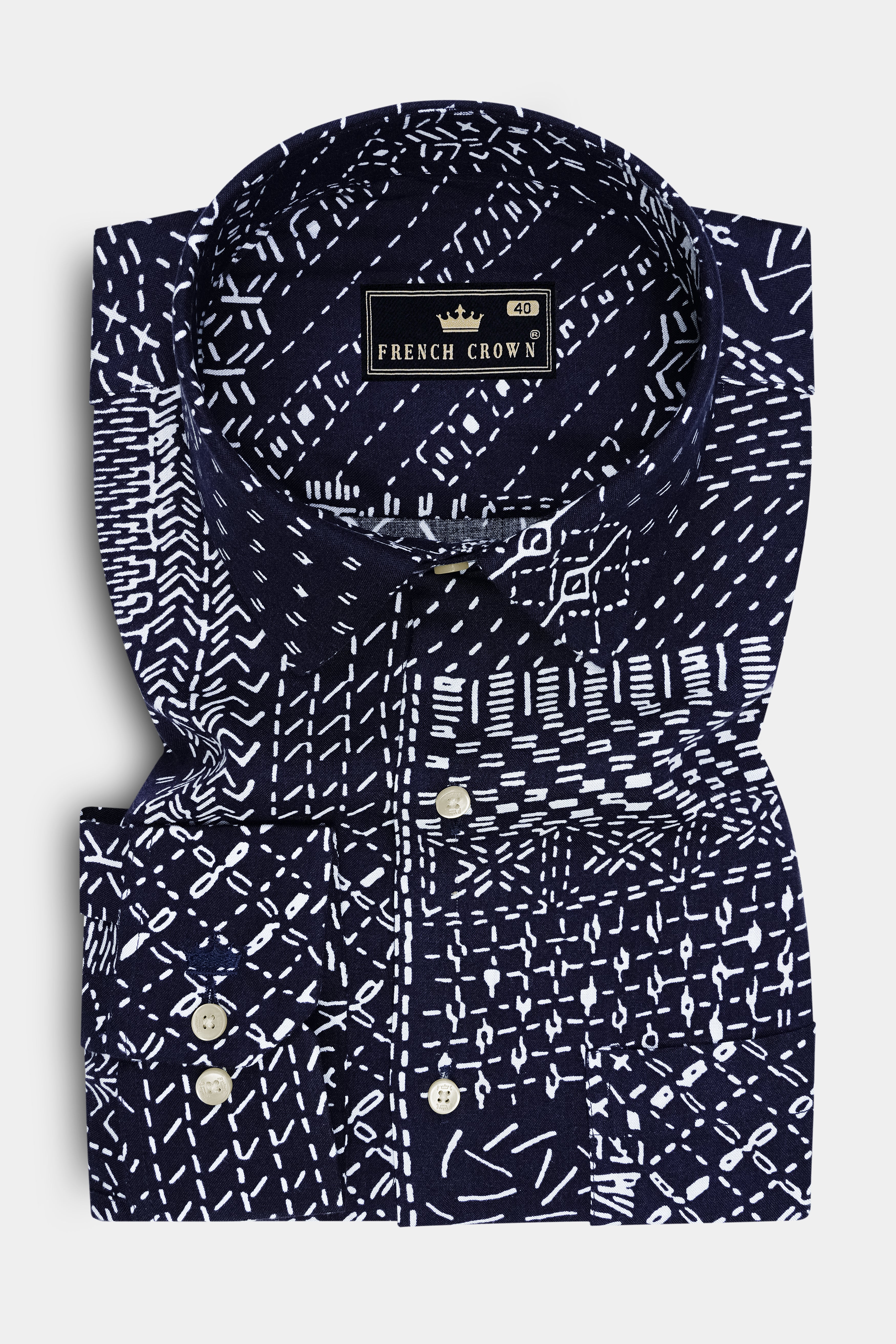Nuru-Cinder Blue And Bright White Bogolan Printed Super Soft Tencel Casual Shirt