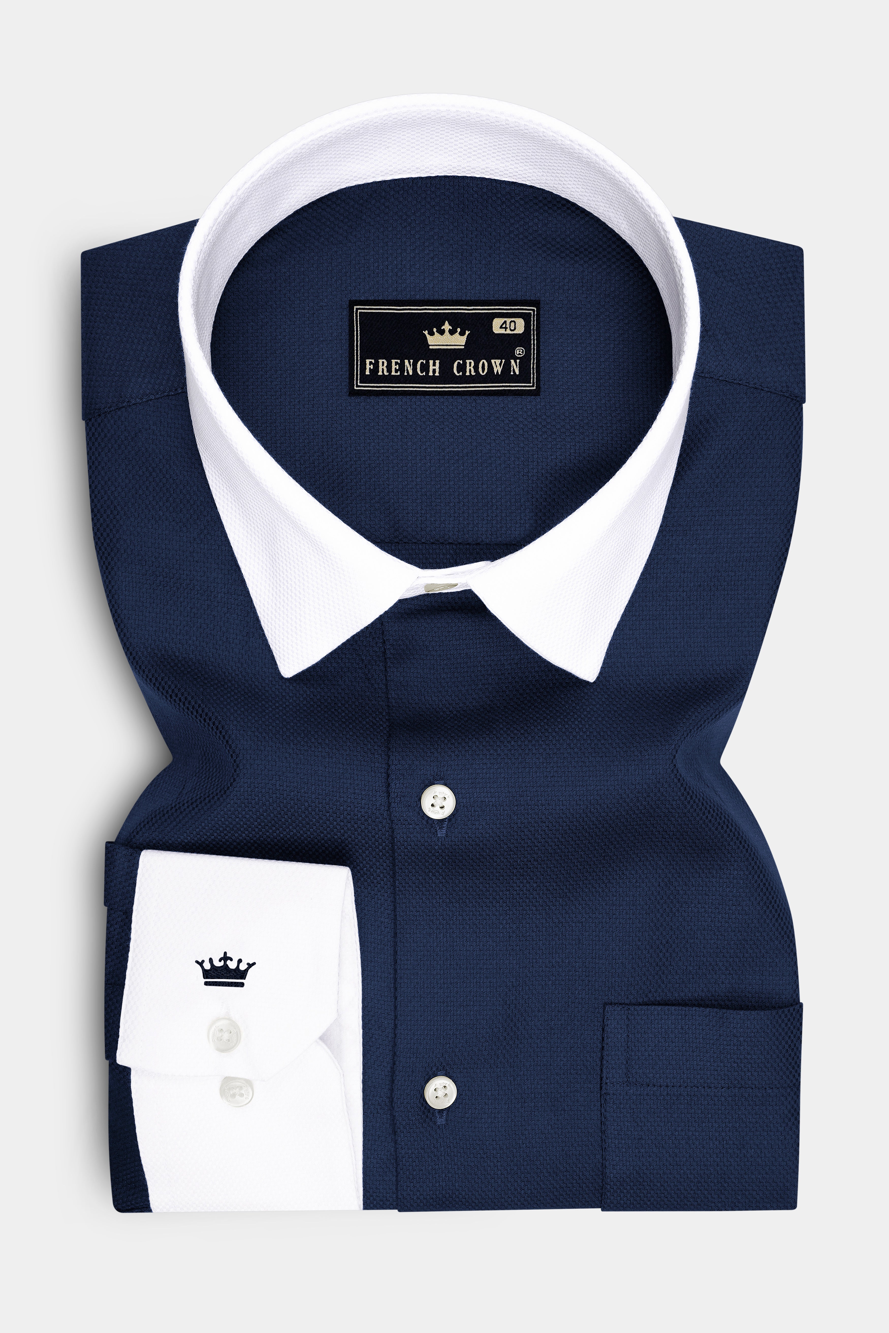 Aegis-Ebony Navy Dobby Textured Premium Giza Cotton White Cuff Collar Dress Shirt