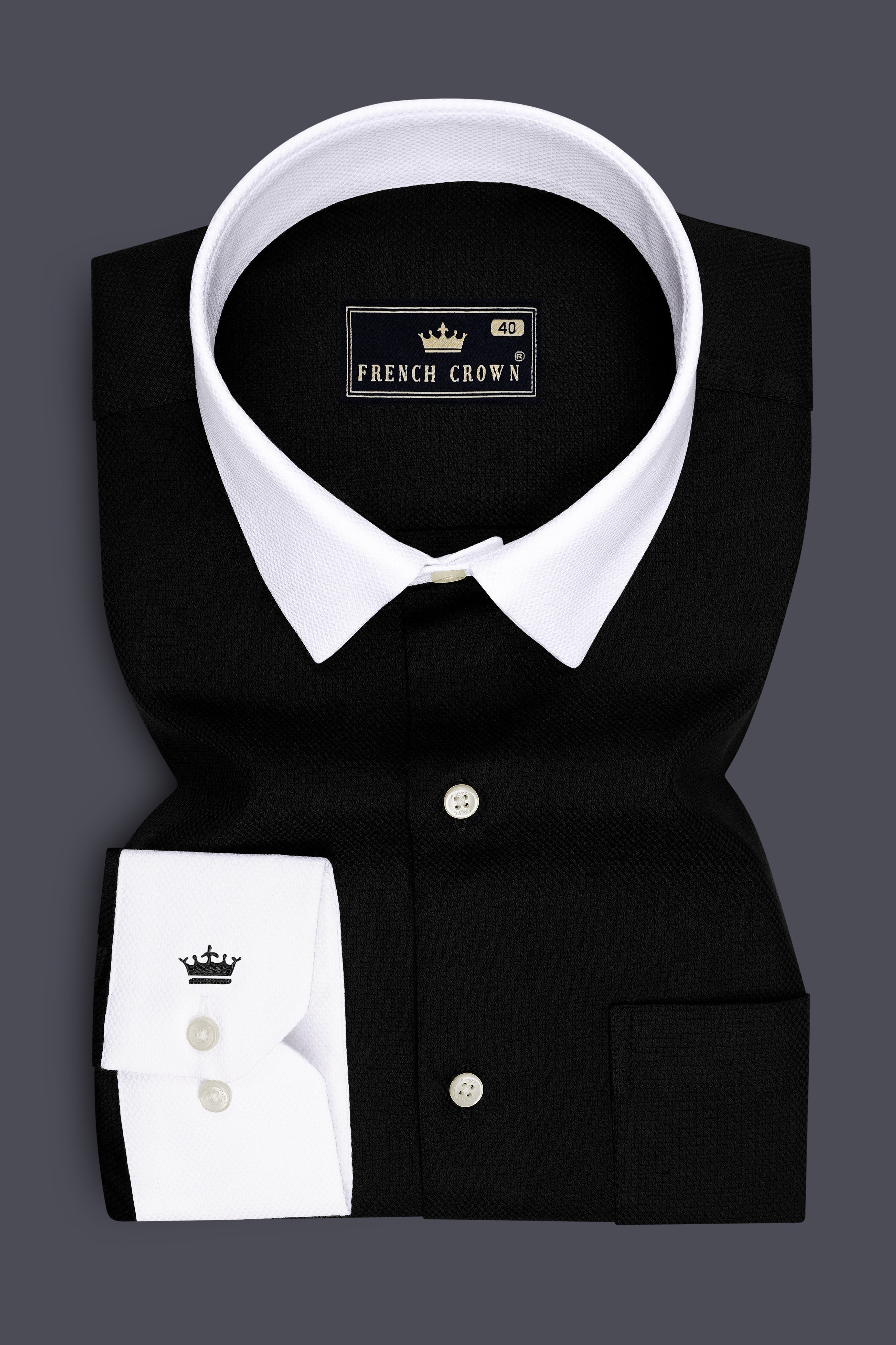 Nero-Jade Black Dobby Textured Premium Giza Cotton White Cuff Collar Dress Shirt