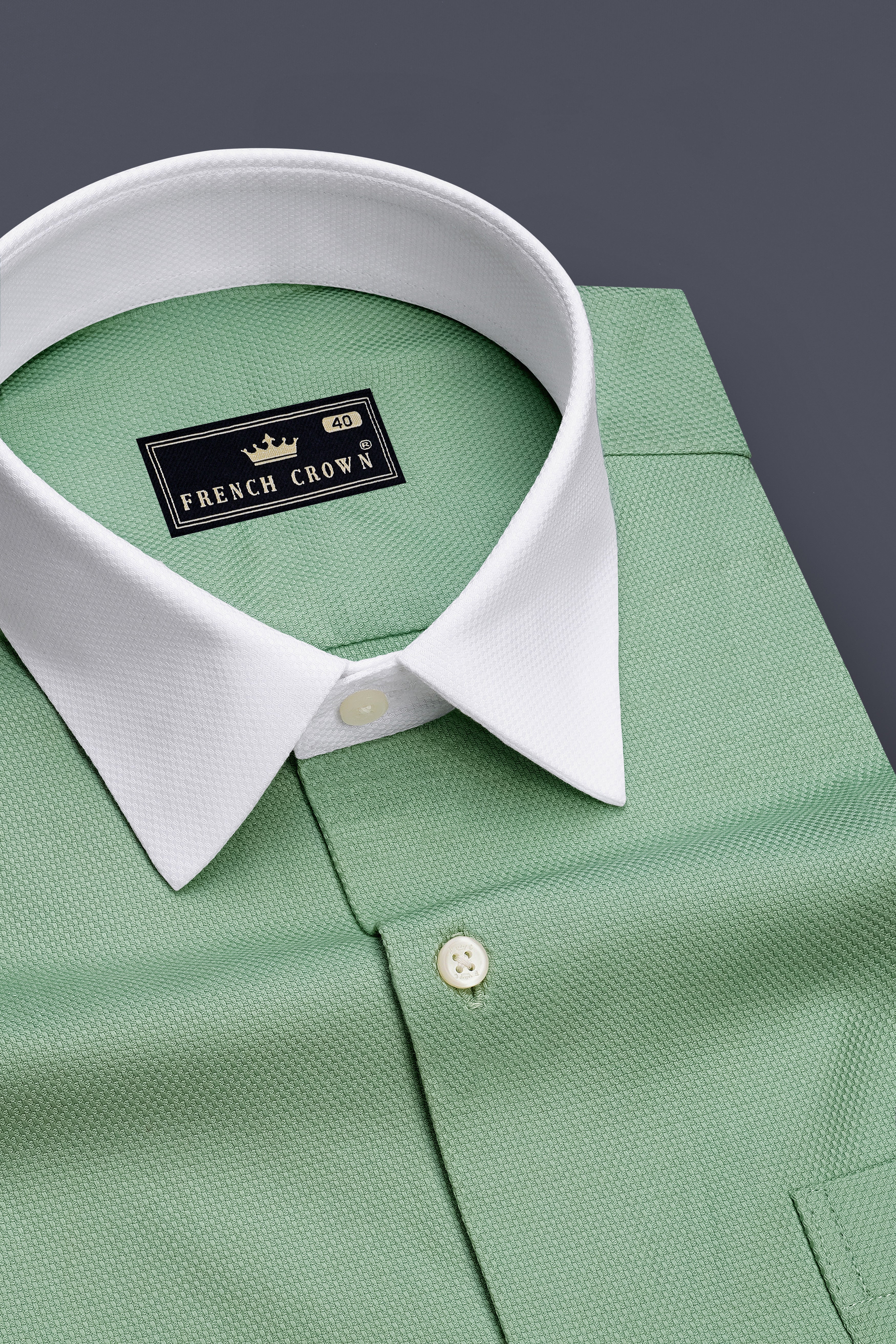 Crest-Cascade Green Dobby Textured Premium Giza Cotton White Cuff Collar Dress Shirt