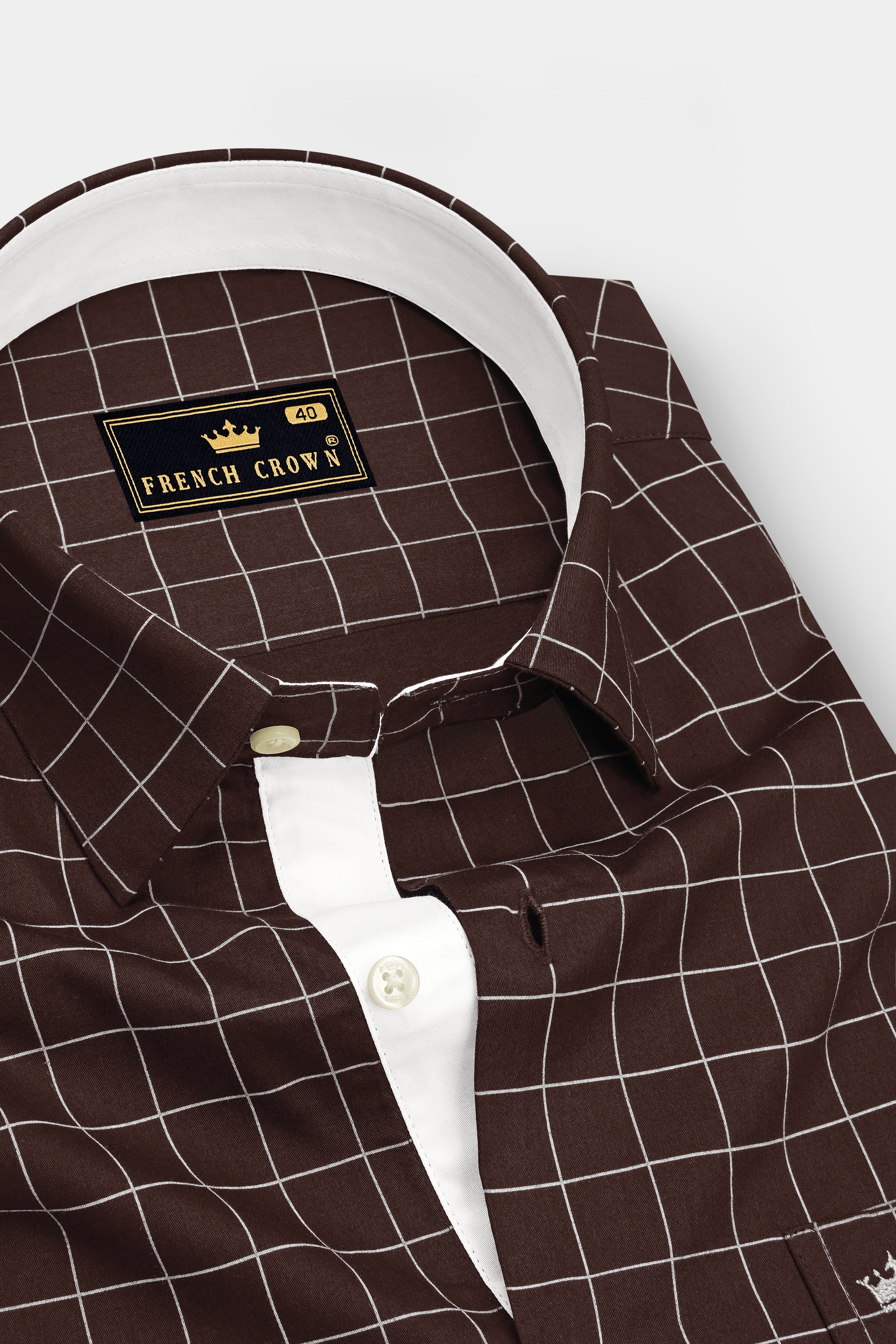 Monarch-Bistre Brown And Bright White Windowpane Subtle Sheen Soft Premium Cotton Dress Shirt