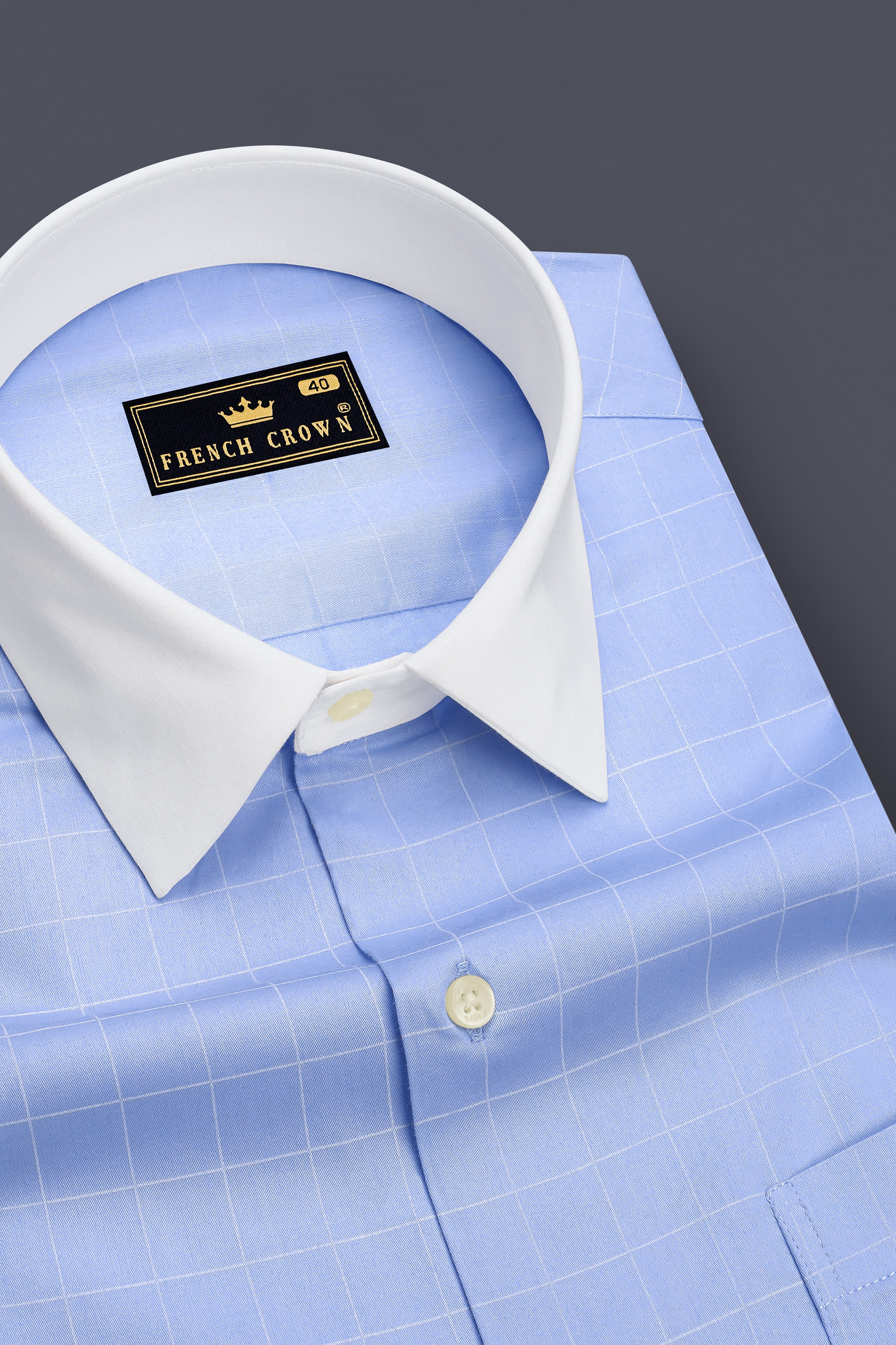 Aether-Cloudy Blue And Bright White Windowpane Subtle Sheen Super Soft Premium Cotton White Cuff Collar Dress Shirt