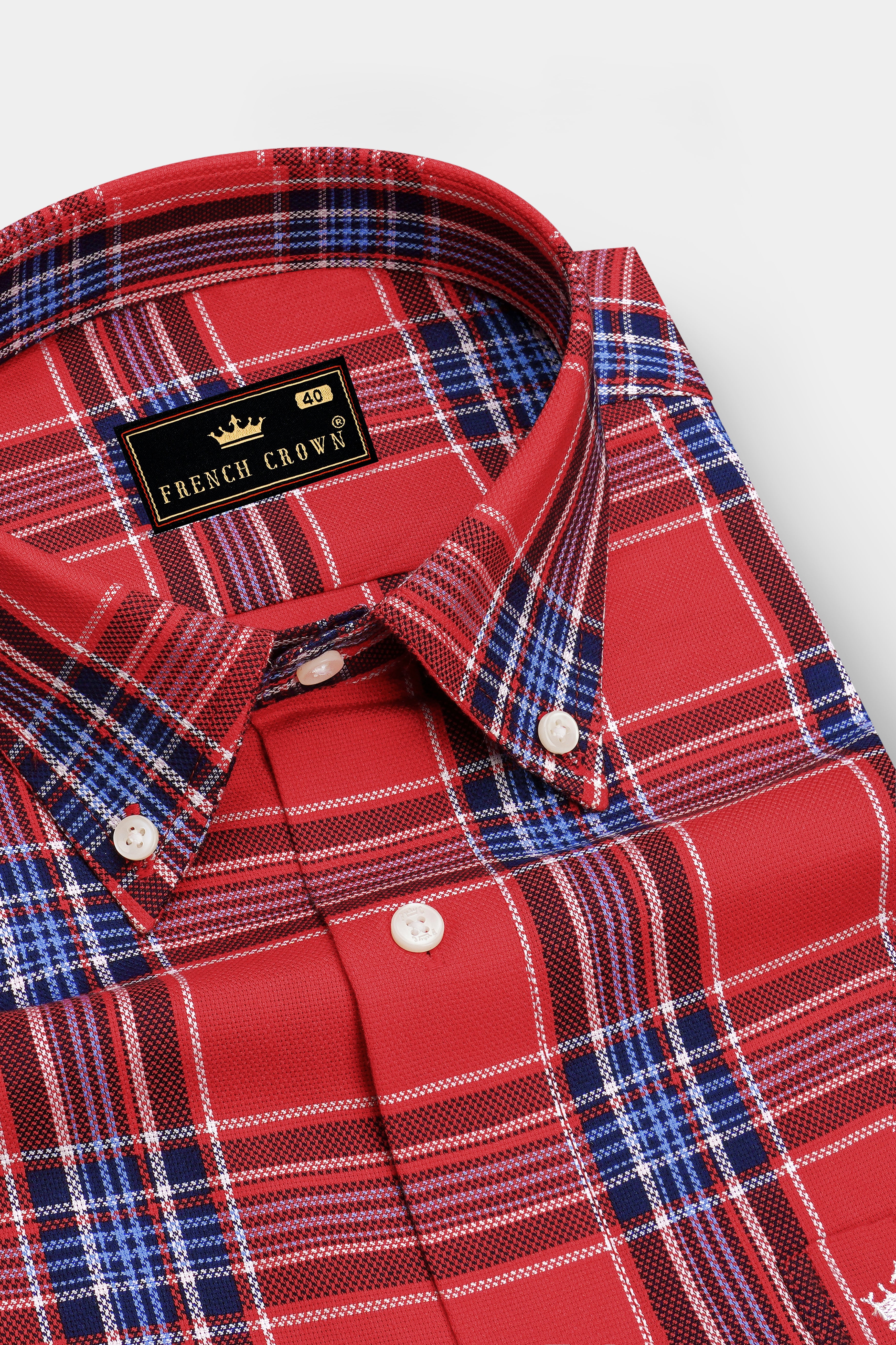 Rovelle-Valencia Red And Chambray Blue Plaid Dobby Premium Giza Cotton Casual Shirt