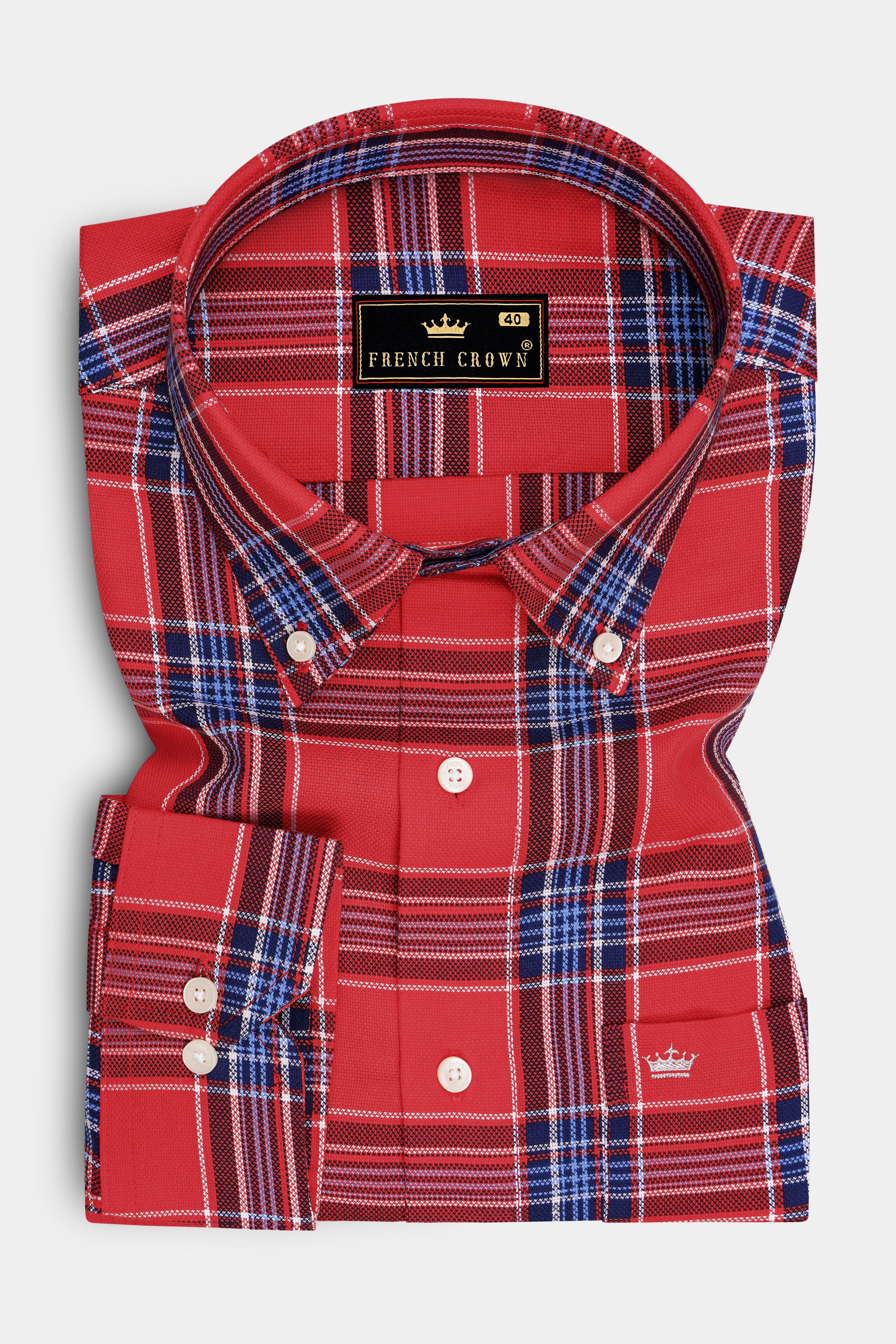 Rovelle-Valencia Red And Chambray Blue Plaid Dobby Premium Giza Cotton Casual Shirt
