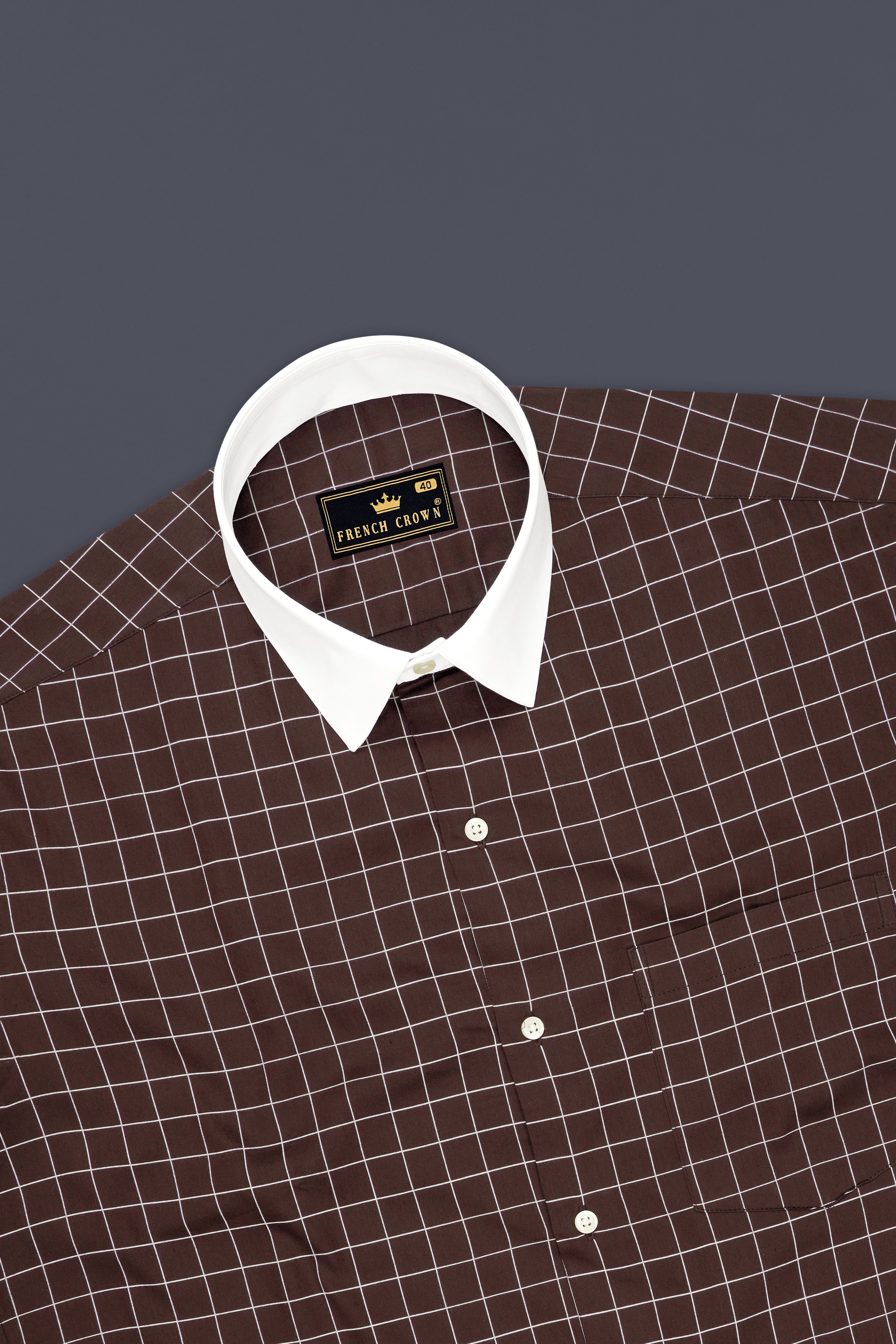 Monarch-Bistre Brown And Bright White Windowpane Subtle Sheen Super Soft Premium Cotton White Cuff Collar Dress Shirt