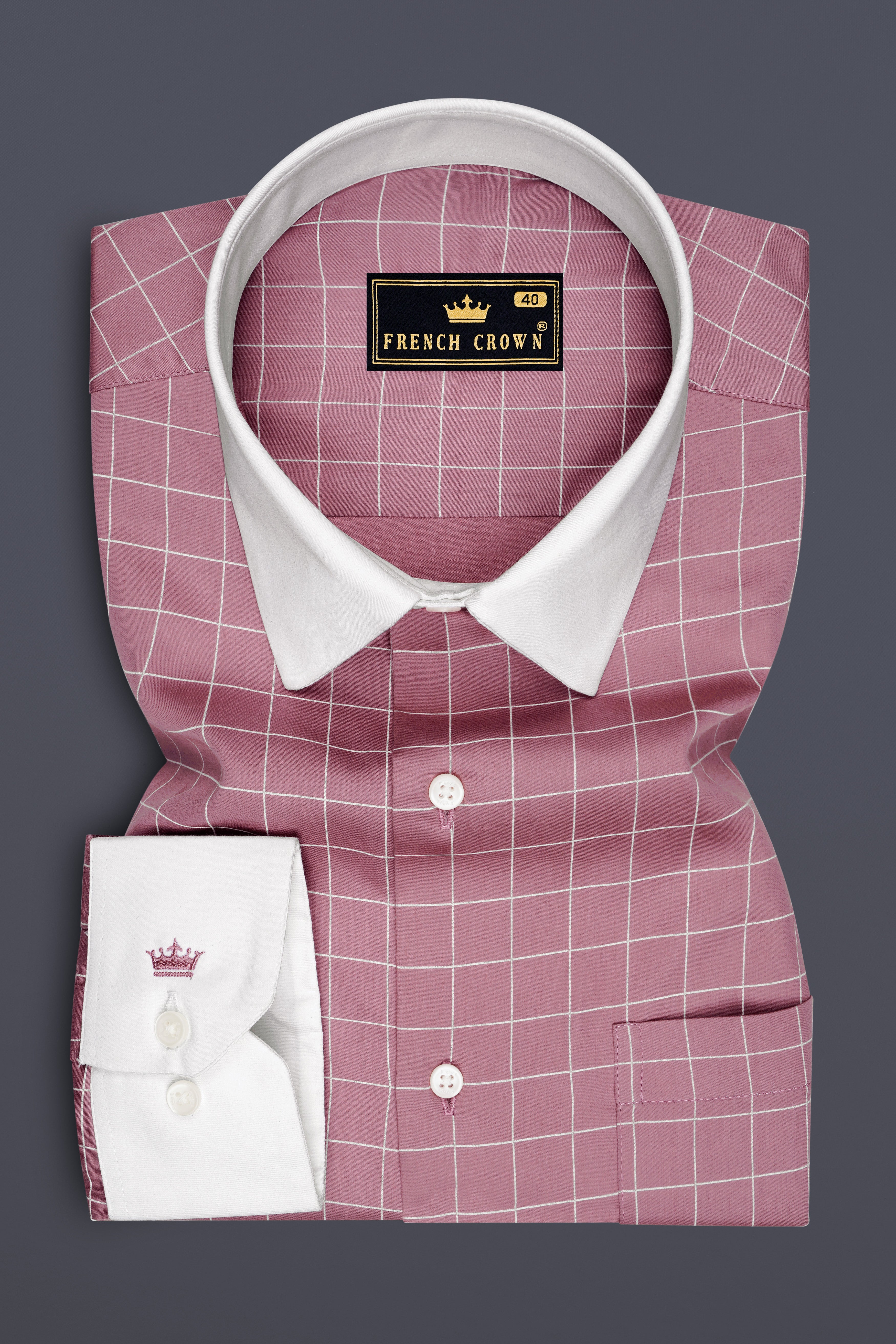 Crest-Brandy Rose Pink And Bright White Windowpane Subtle Sheen Super Soft Premium Cotton White Cuff Collar Dress Shirt