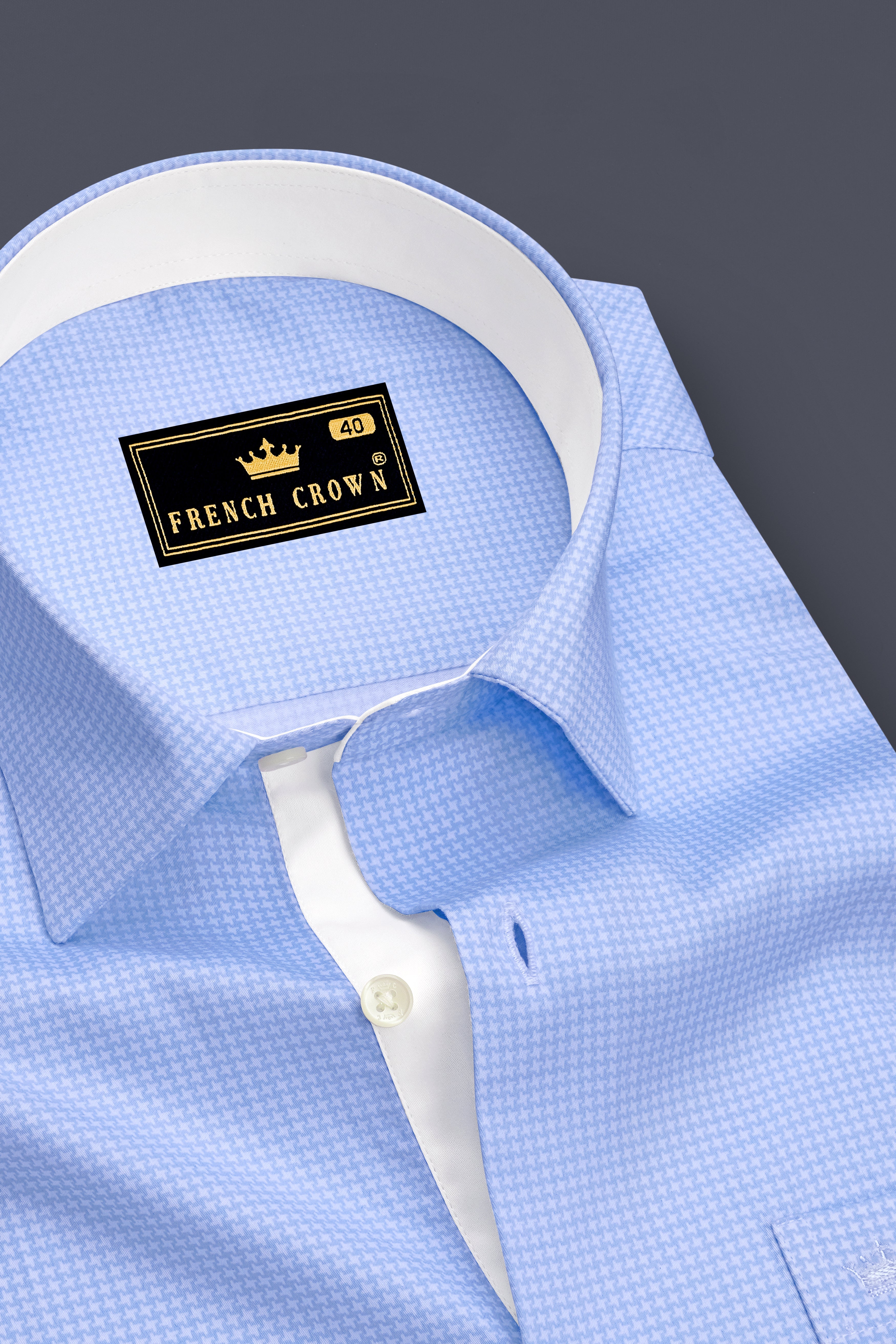 Vireo-Carolina Blue Houndstooth Printed Subtle Sheen Soft Premium Cotton Dress Shirt